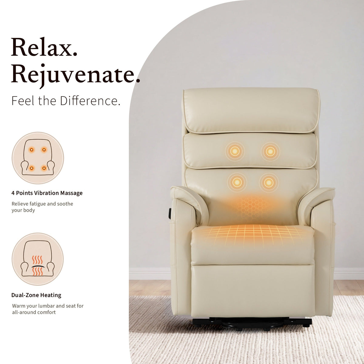 Irene House 9188S Pro in cream white breathable faux leather showing four-point vibration massage and dual-zone heating at the lumbar and seat