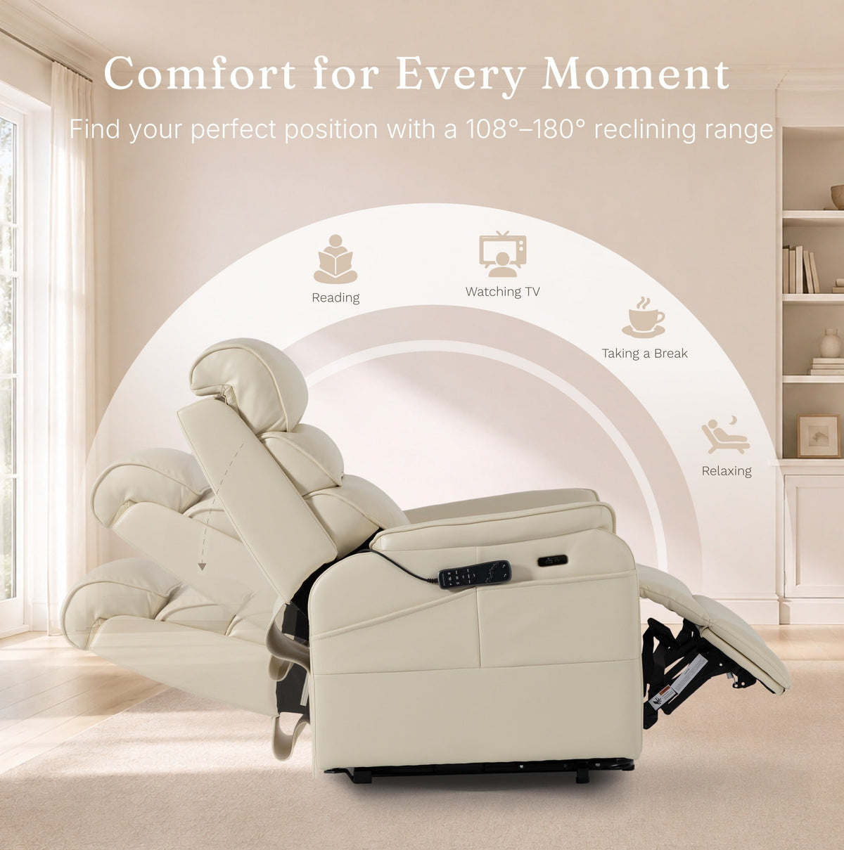 Irene House 9188S Pro in cream white breathable faux leather reclining through its 108 to 180 degree range for reading, TV and resting