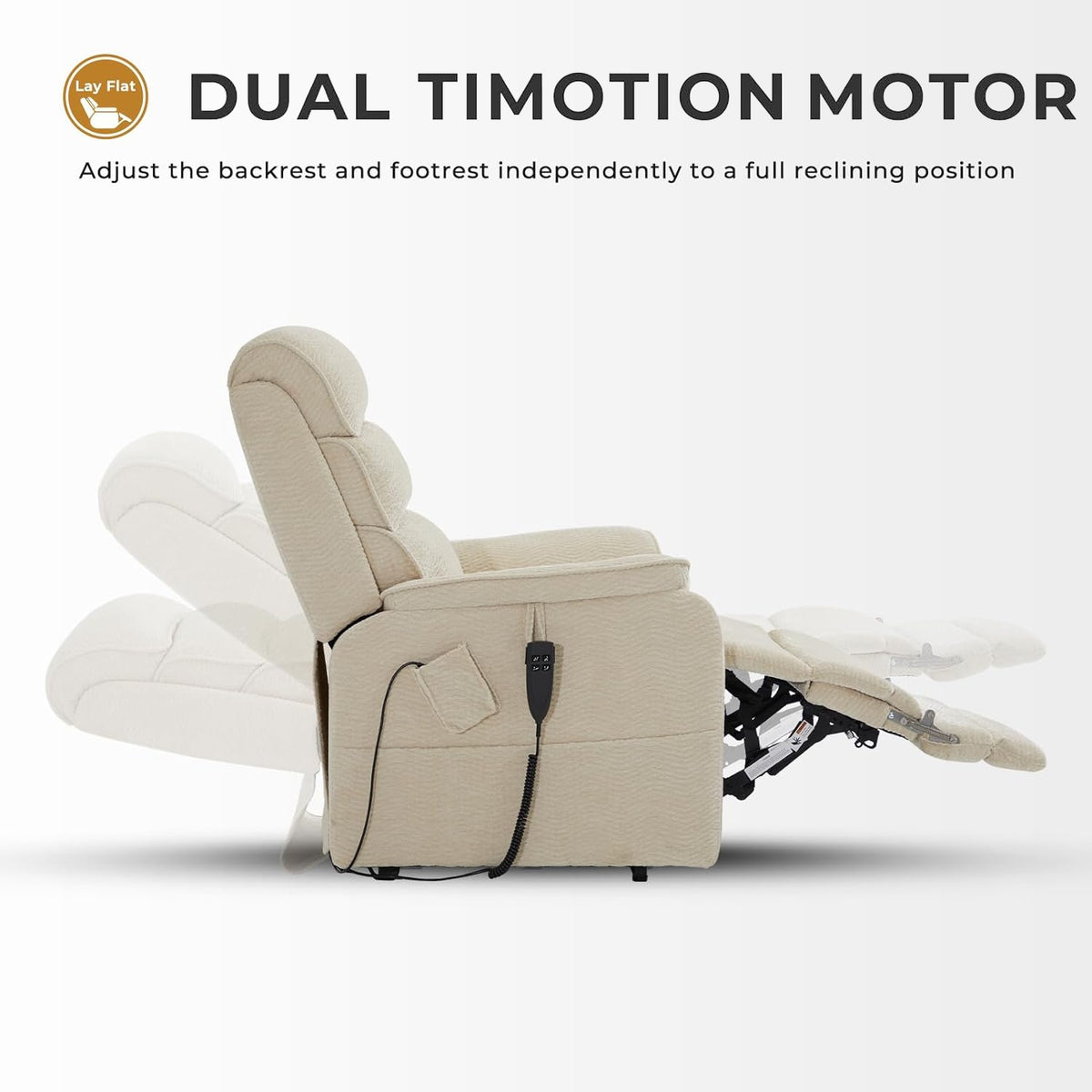Irene House 9188T beige chenille tall power lift recliner dual TiMOTION motor system: the backrest and footrest adjust independently to a full reclining position, with actuators selected for the higher load of the extended footrest