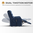 Irene House 9188T blue chenille tall power lift recliner dual TiMOTION motor system: the backrest and footrest adjust independently to a full reclining position, with actuators selected for the higher load of the extended footrest