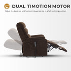 Irene House 9188T dark brown chenille tall power lift recliner dual TiMOTION motor system: the backrest and footrest adjust independently to a full reclining position, with actuators selected for the higher load of the extended footrest