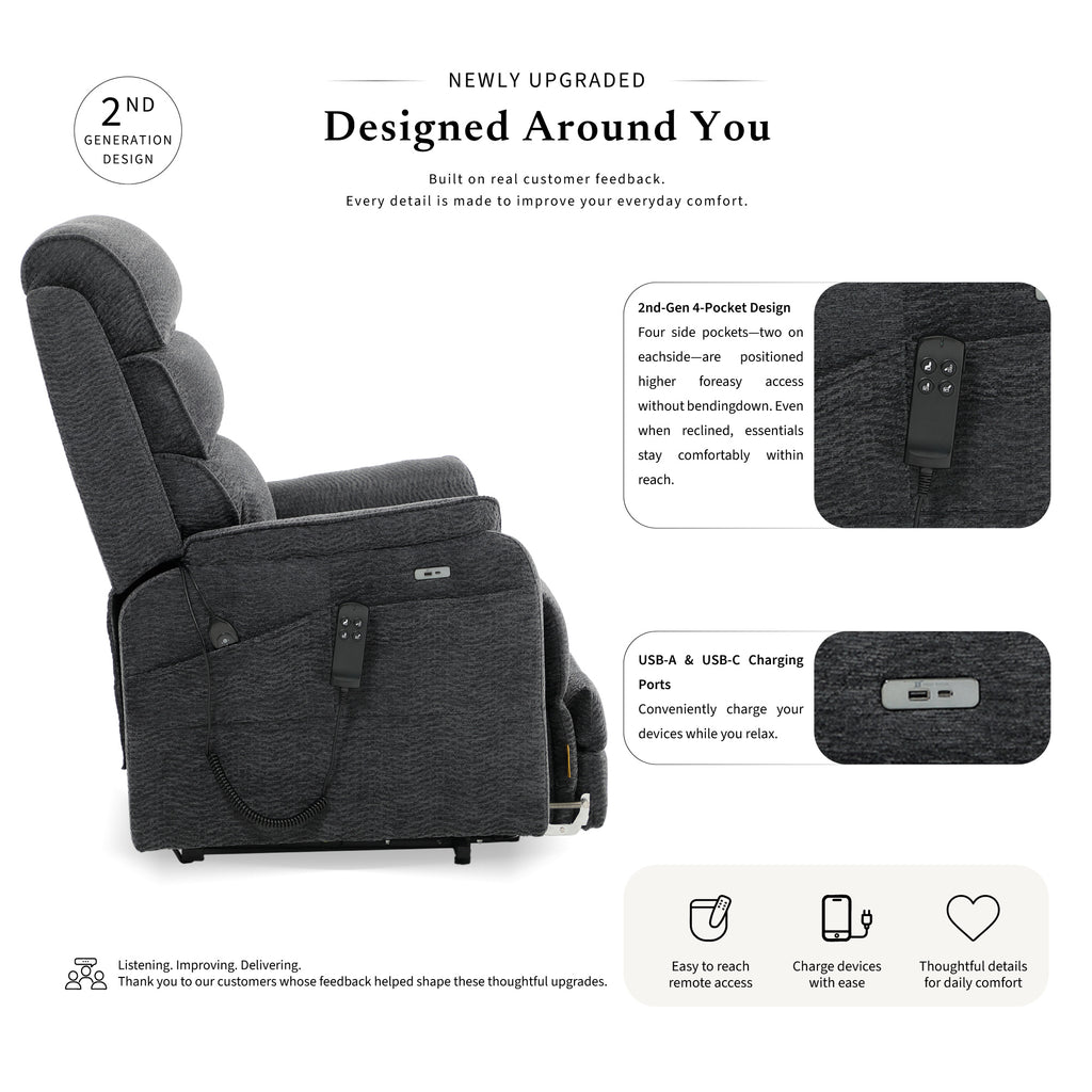 Irene House 9188T tall dark gray chenille power lift recliner, 2nd generation upgrade with four higher side pockets and USB-A and USB-C charging ports