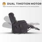 Irene House 9188T dark gray chenille tall power lift recliner dual TiMOTION motor system: the backrest and footrest adjust independently to a full reclining position, with actuators selected for the higher load of the extended footrest