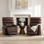 Two Irene House 9188T brown breathable leather power lift recliners with extended footrests reclined beside a living room fireplace