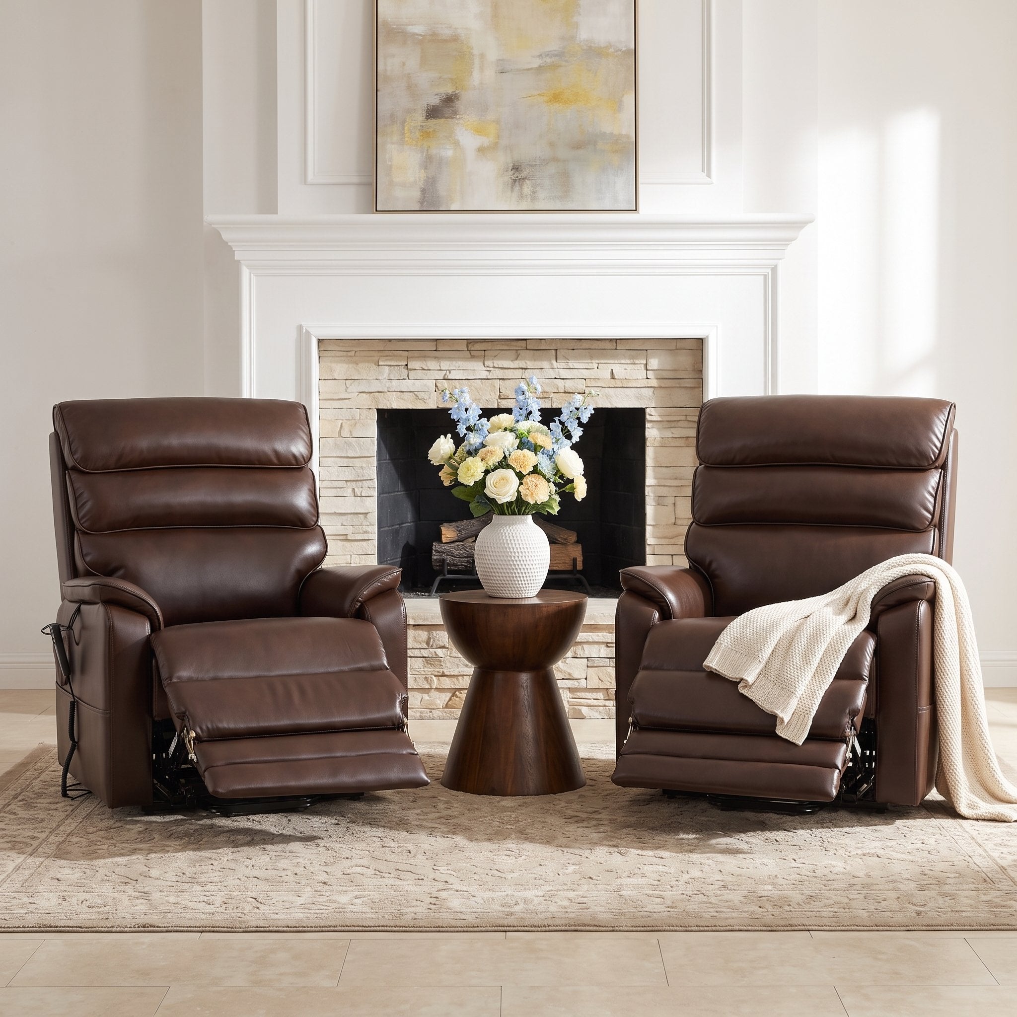 Two Irene House 9188T brown breathable leather power lift recliners with extended footrests reclined beside a living room fireplace