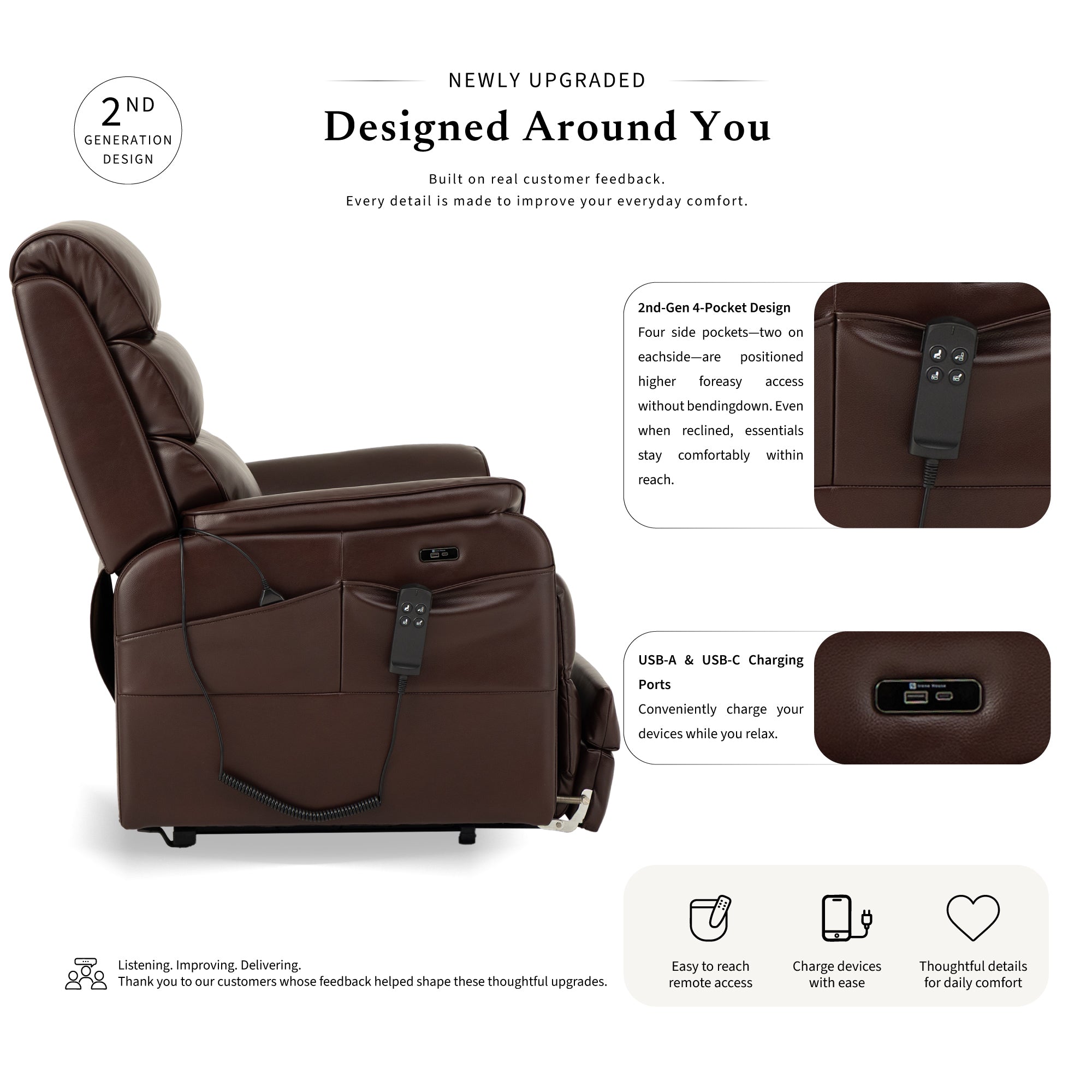 Irene House 9188T tall brown breathable leather power lift recliner, 2nd generation upgrade with four higher side pockets and USB-A and USB-C charging ports