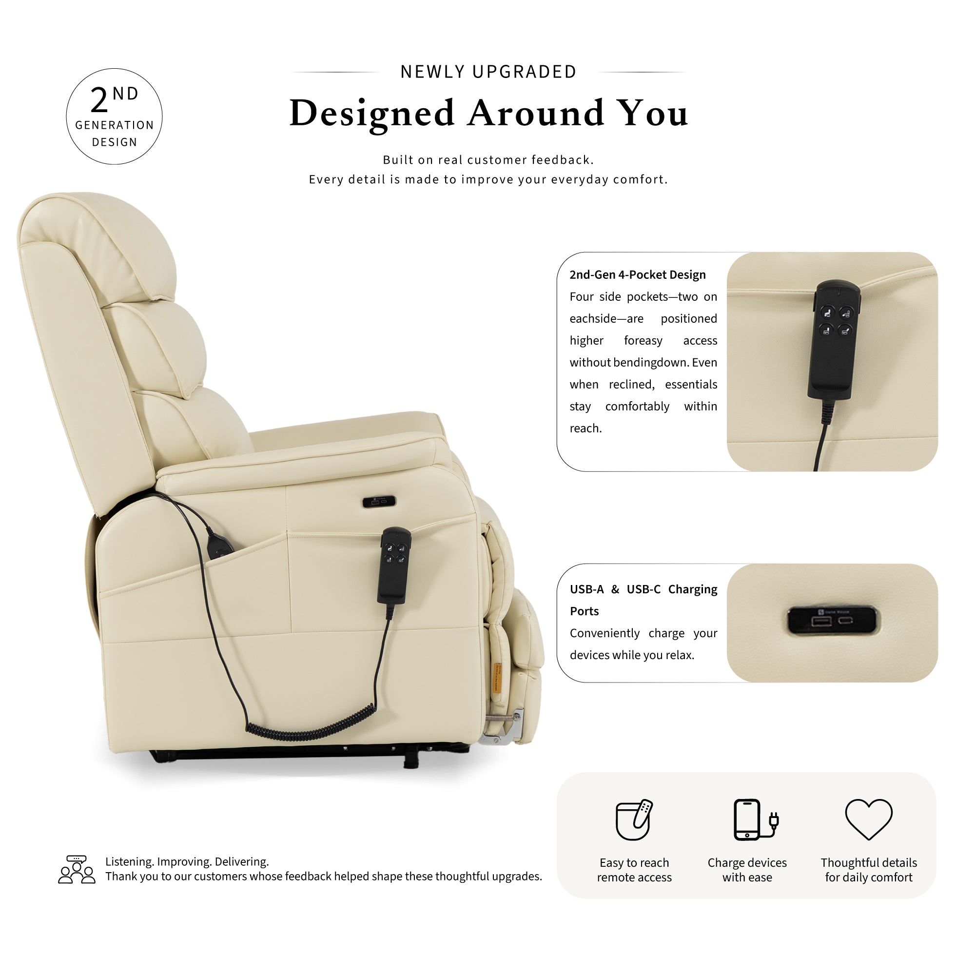 Irene House 9188T tall cream white breathable leather power lift recliner, 2nd generation upgrade with four higher side pockets and USB-A and USB-C charging ports