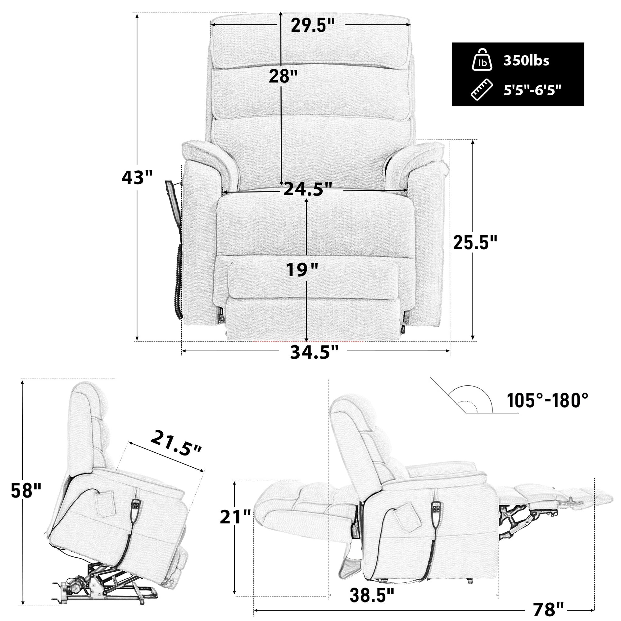 Irene House 9188T tall man lift recliner dimensions — 350 lb capacity, for users 5'5" to 6'5", 34.5 inch overall width, 24.5 inch seat width, 78 inch reclined length, 105 to 180 degree recline