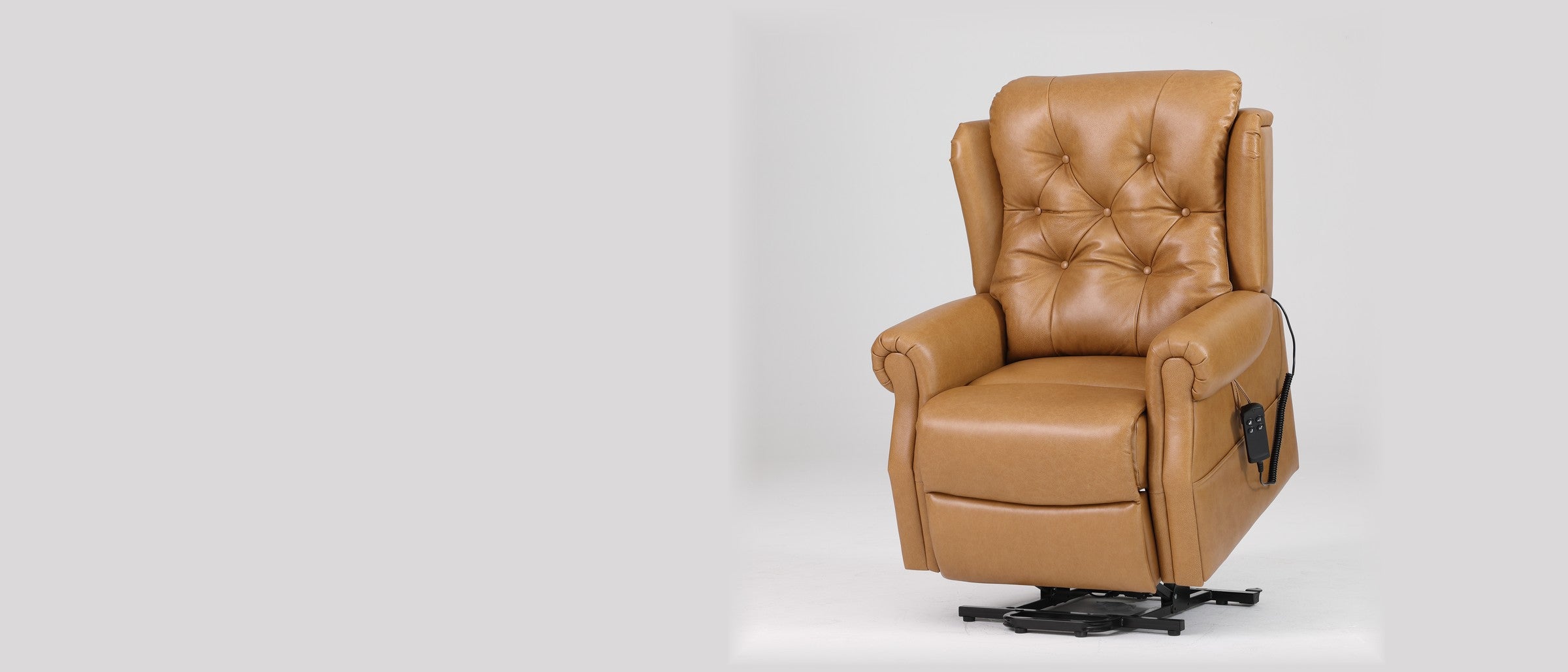 Irene House 9199 camel top grain leather power lift recliner with button-tufted back and rolled arms, shown upright from the front