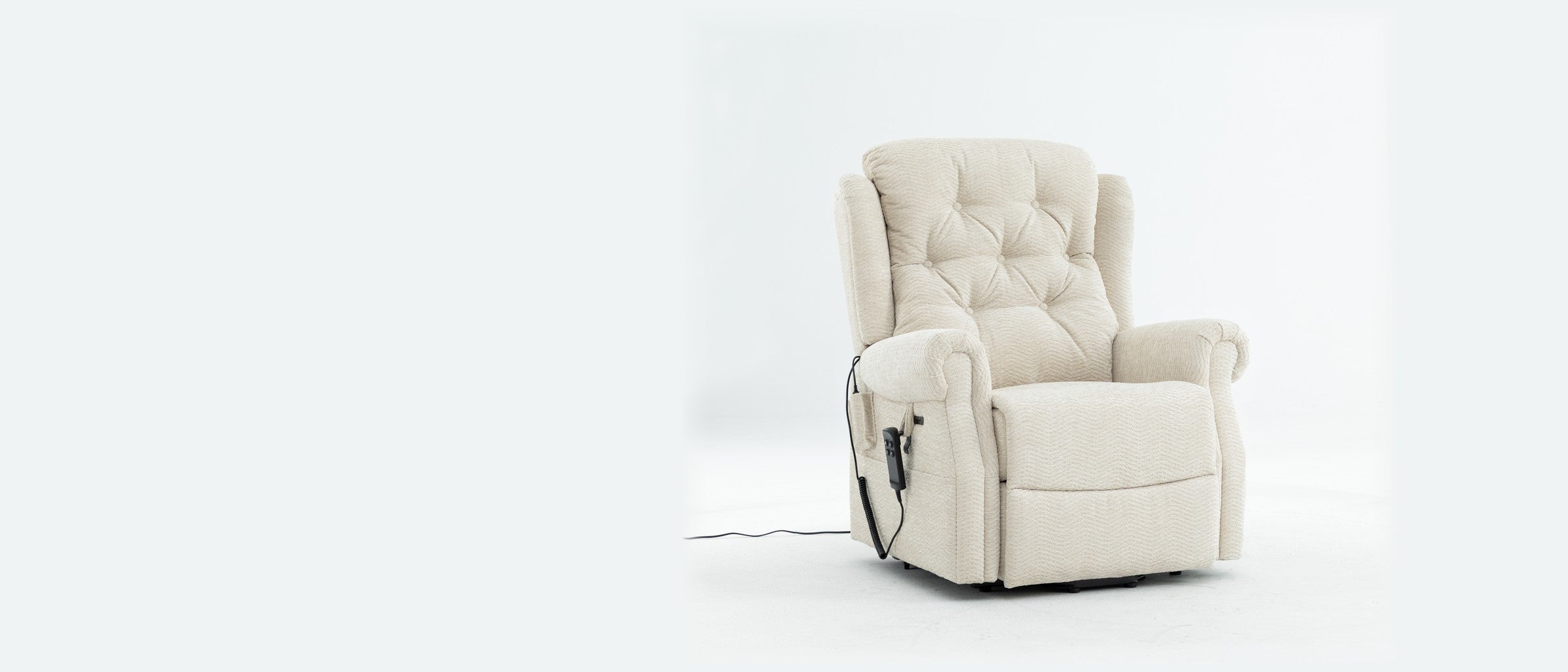Irene House 9199 cream chenille power lift recliner with button-tufted back and rolled arms, shown upright from the front