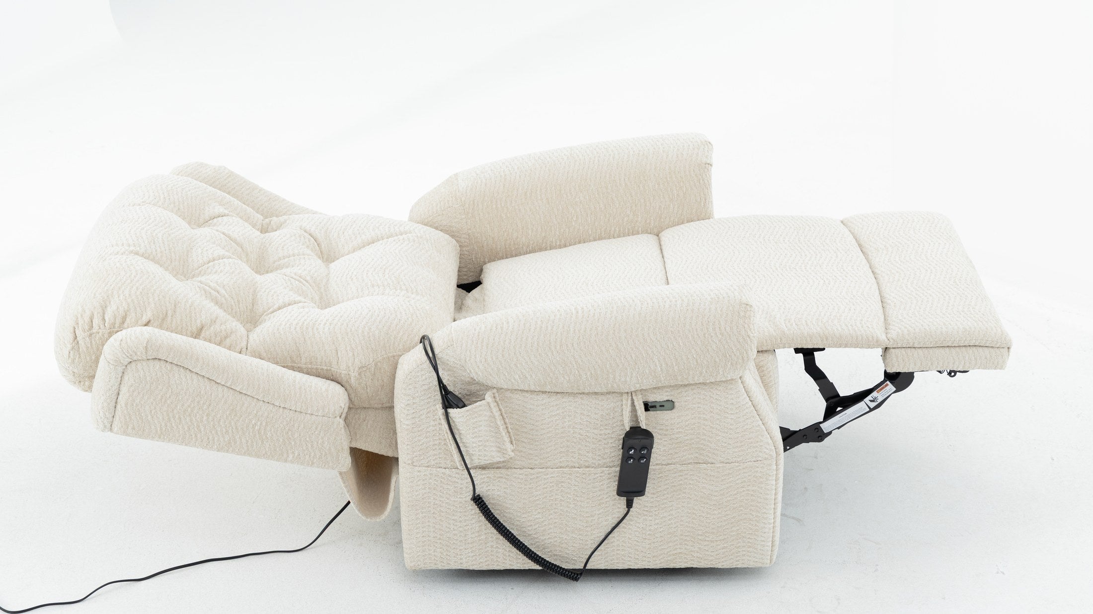 Irene House 9199 cream chenille recliner reclined fully flat, shown from the side with the footrest extended
