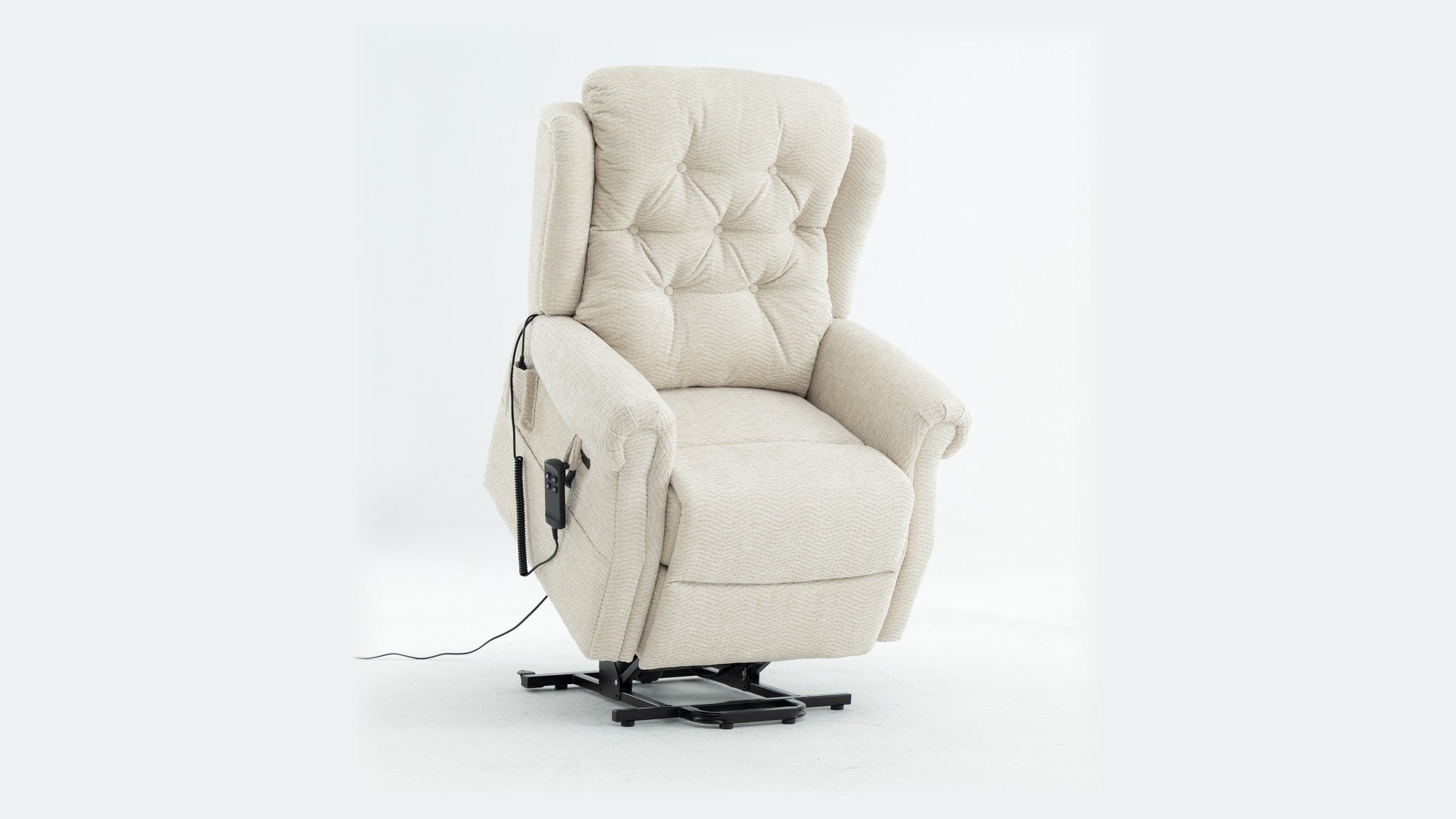 Irene House 9199 cream chenille lift recliner tilted forward in the lift position, seat raised toward standing