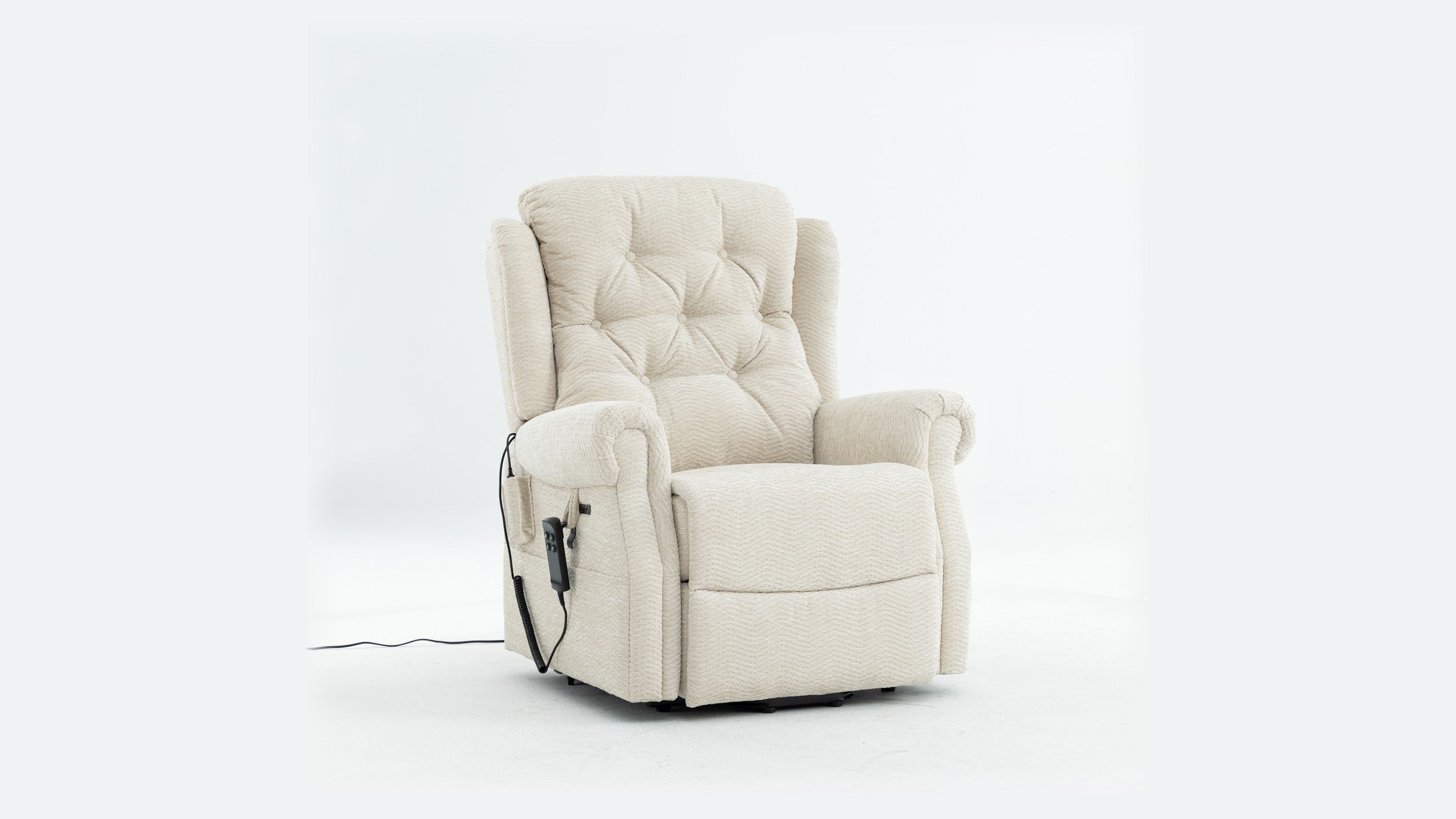 Irene House 9199 cream chenille lift recliner shown from a three-quarter angle, button-tufted wingback and rolled arms visible