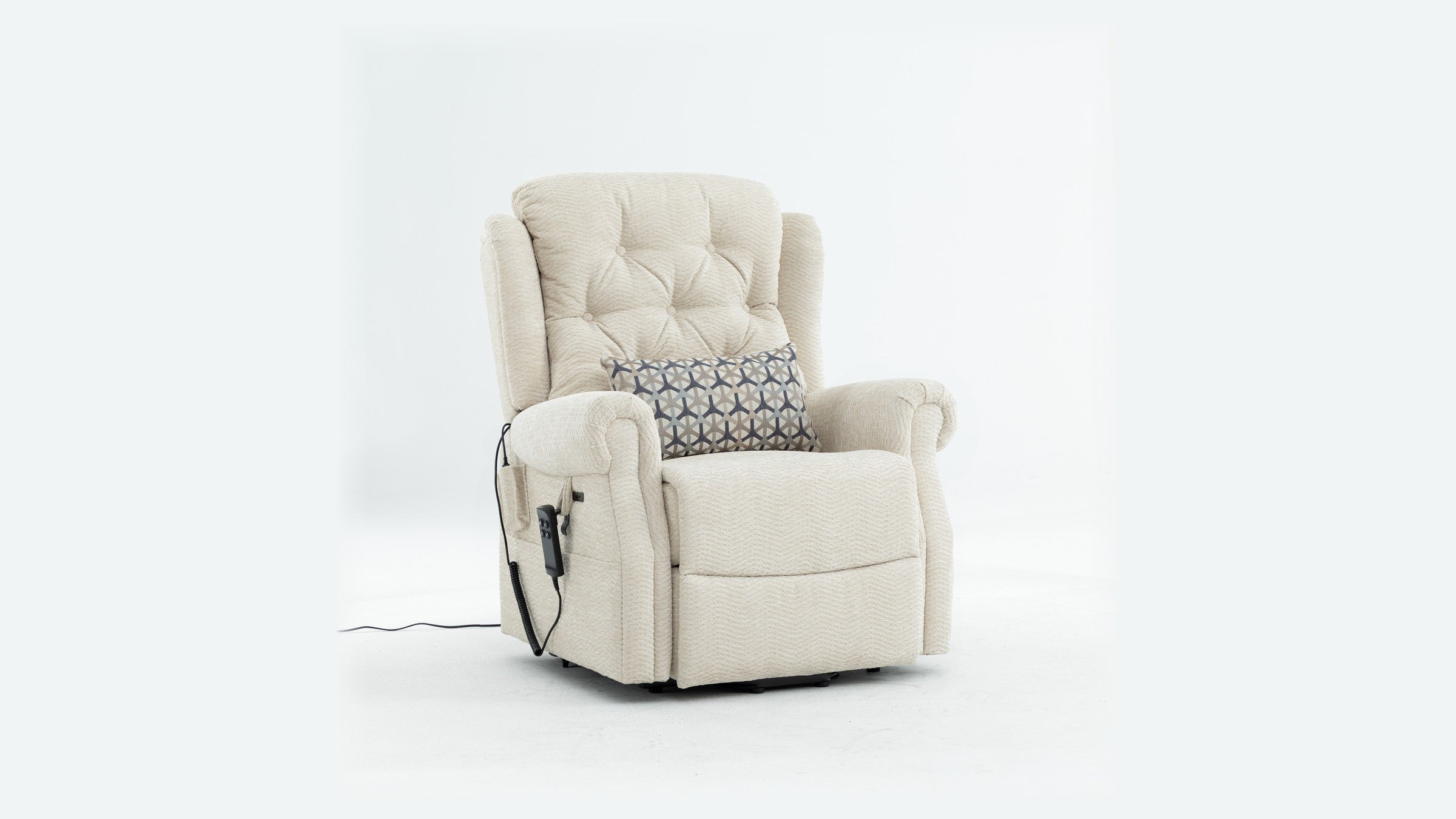 Irene House 9199 cream chenille recliner shown with the included patterned toss pillow on the seat