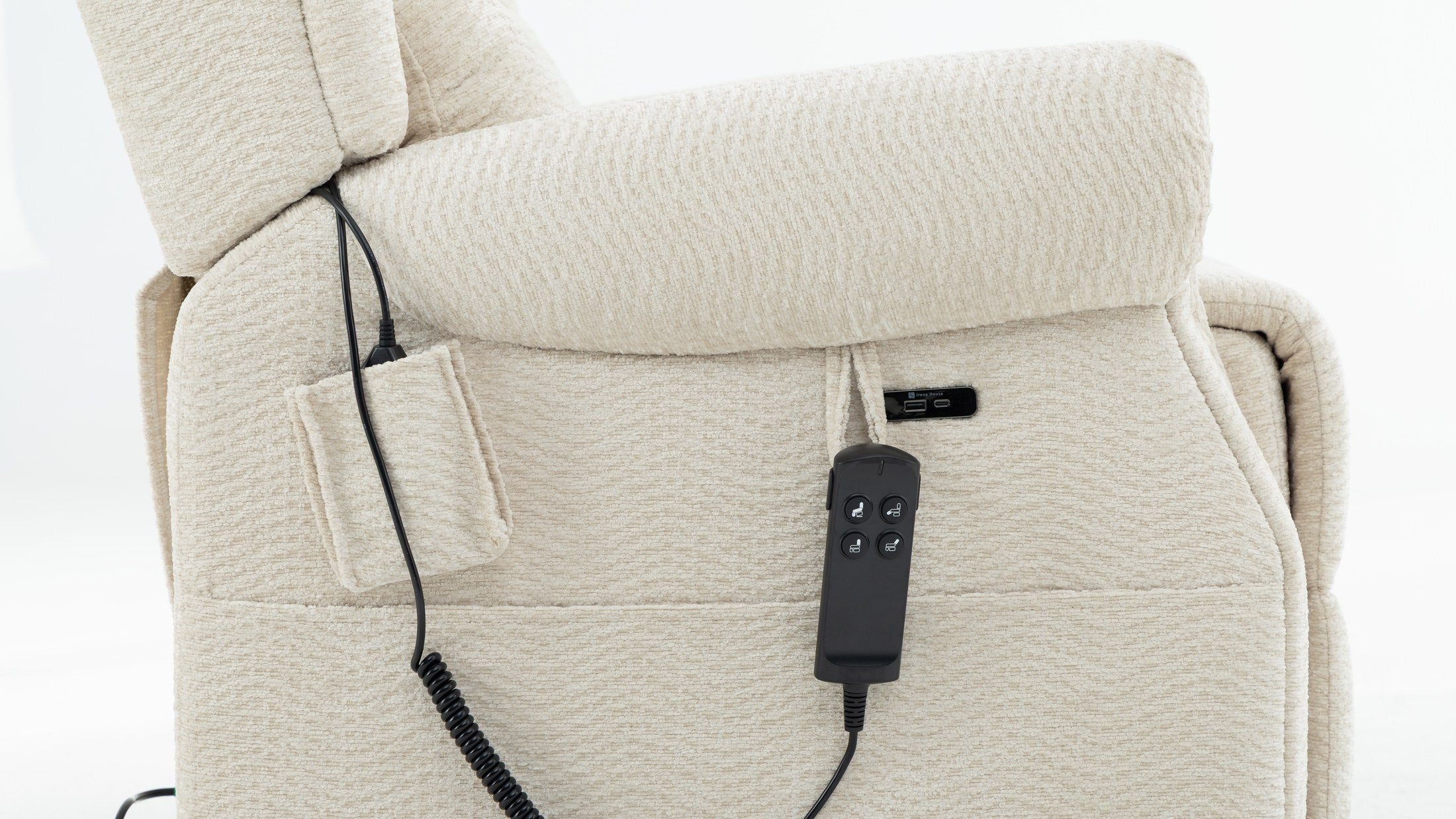 Side pocket, USB port and handset on the cream chenille side panel of the Irene House 9199