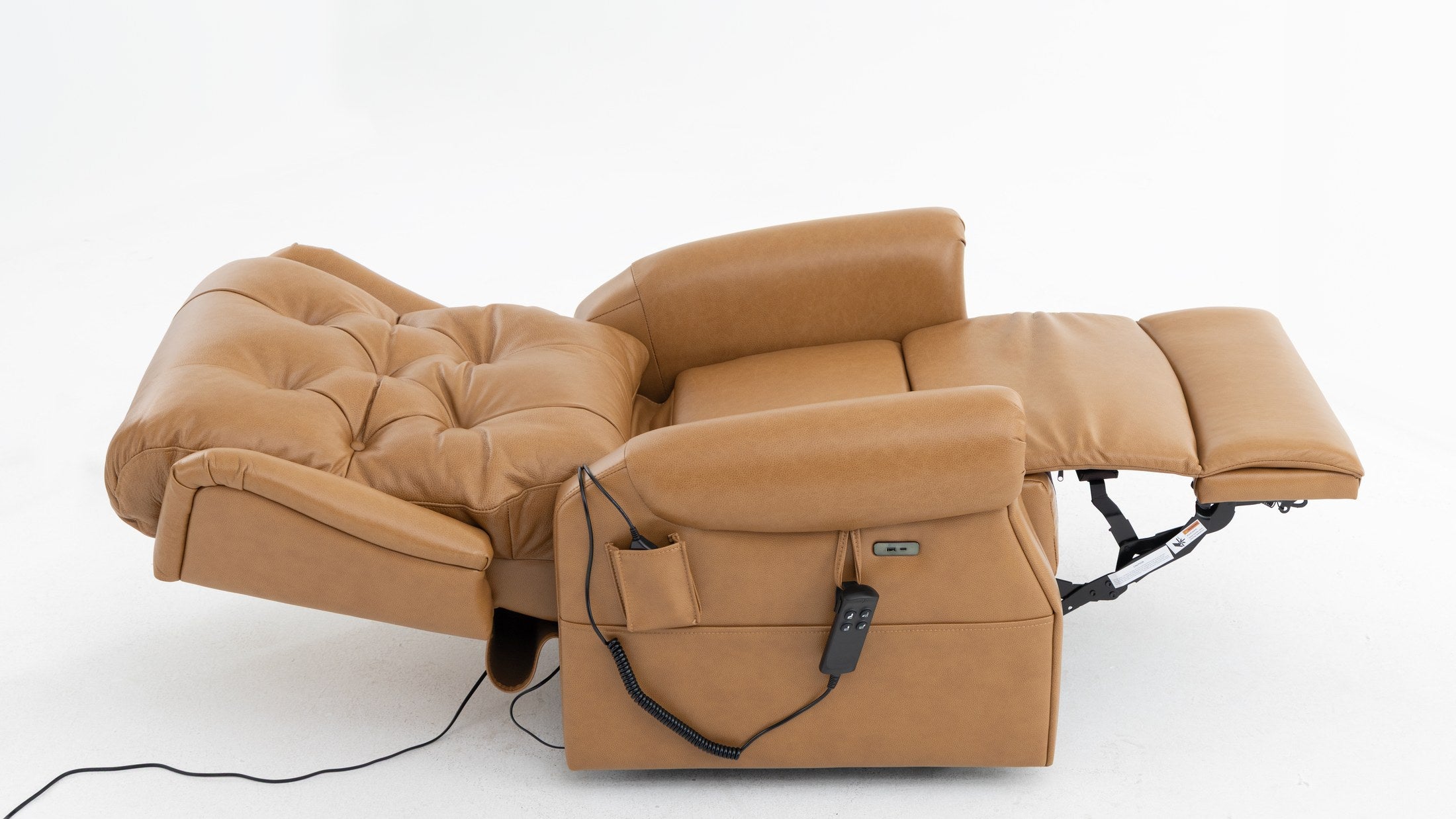 Irene House 9199 camel top grain leather recliner reclined fully flat, shown from the side with the footrest extended