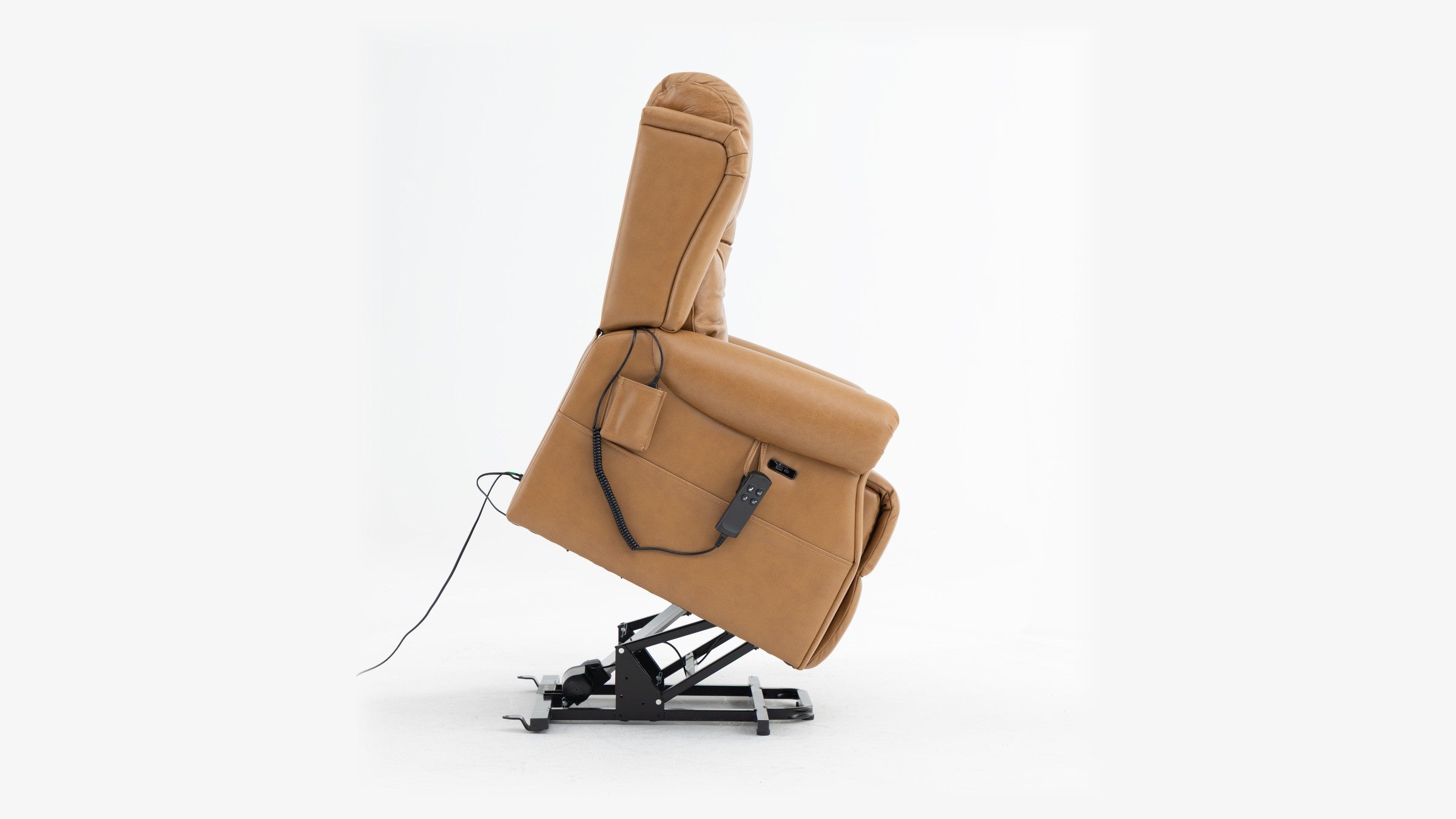 Irene House 9199 camel top grain leather lift recliner tilted forward in the lift position, seat raised toward standing