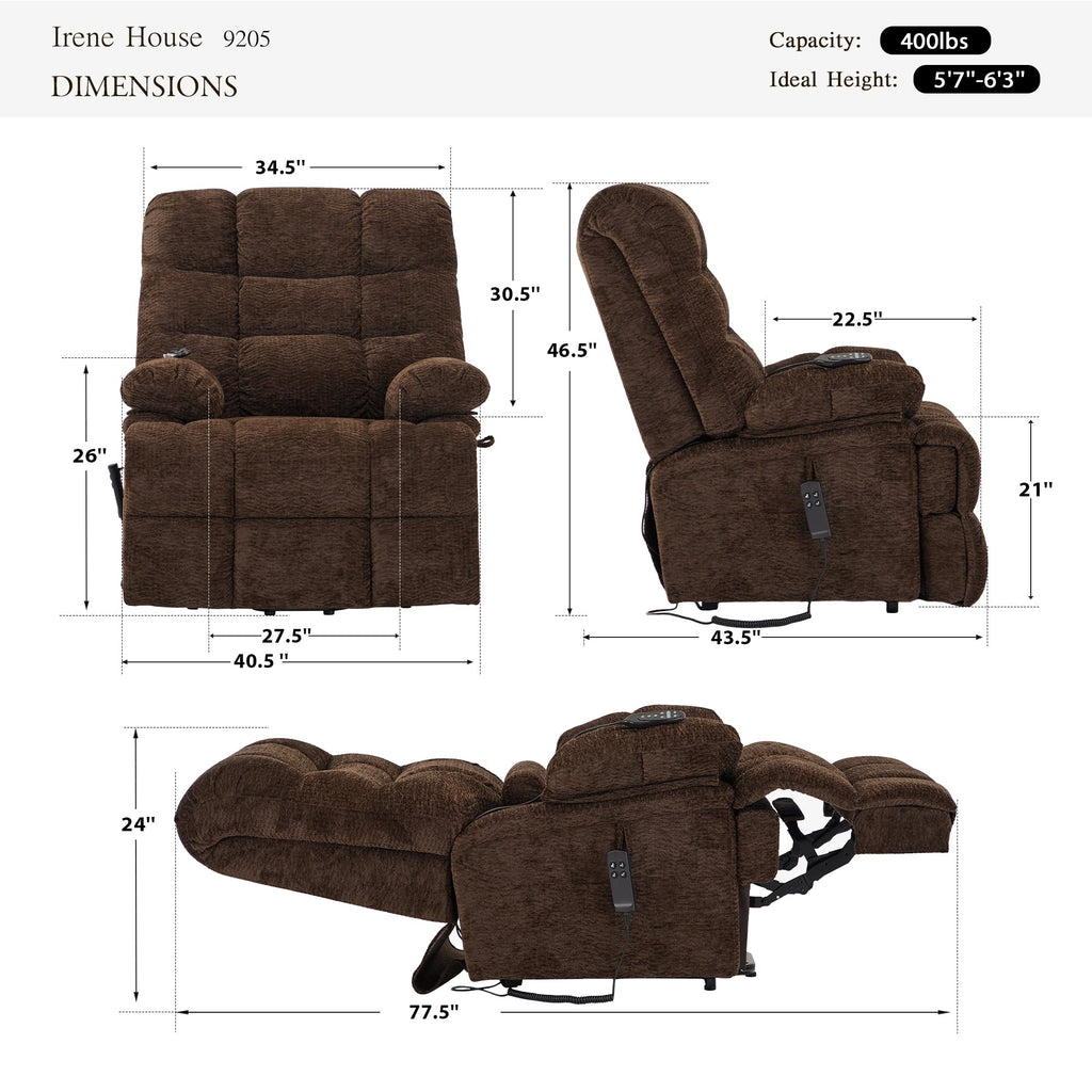 Irene House 9205 big and tall lift recliner dimensions in dark brown chenille — 400 lb capacity, for users 5'7" to 6'3", 40.5 inch overall width, 27.5 inch seat width, 77.5 inch reclined length, 105 to 180 degree recline