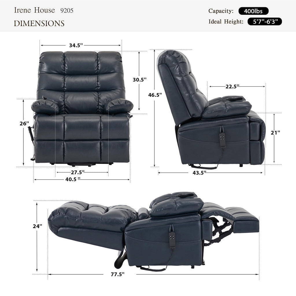 Irene House 9205 big and tall lift recliner dimensions in blue breathable leather — 400 lb capacity, for users 5'7" to 6'3", 40.5 inch overall width, 27.5 inch seat width, 77.5 inch reclined length, 105 to 180 degree recline