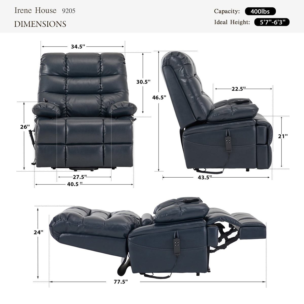 Irene House 9205 big and tall lift recliner dimensions in blue breathable leather — 400 lb capacity, for users 5'7" to 6'3", 40.5 inch overall width, 27.5 inch seat width, 77.5 inch reclined length, 105 to 180 degree recline
