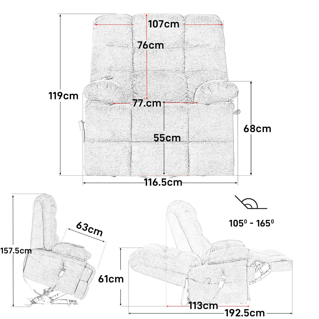 Irene House 9205 EW500 dimensions chart: 500 lb weight capacity, fits users 6 foot to 6 foot 5, reclines from 105 to 165 degrees