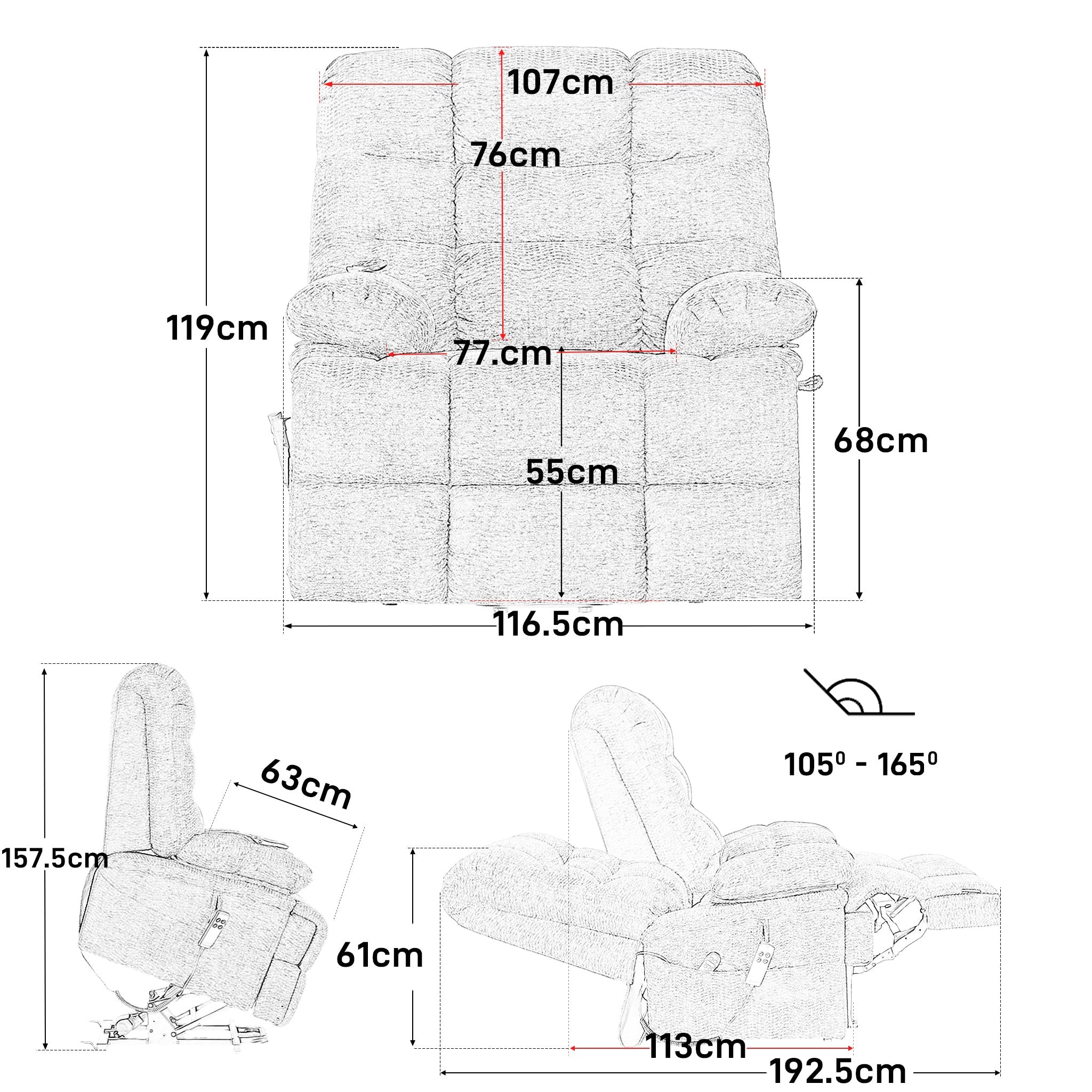 Irene House 9205 EW500 dimensions chart: 500 lb weight capacity, fits users 6 foot to 6 foot 5, reclines from 105 to 165 degrees