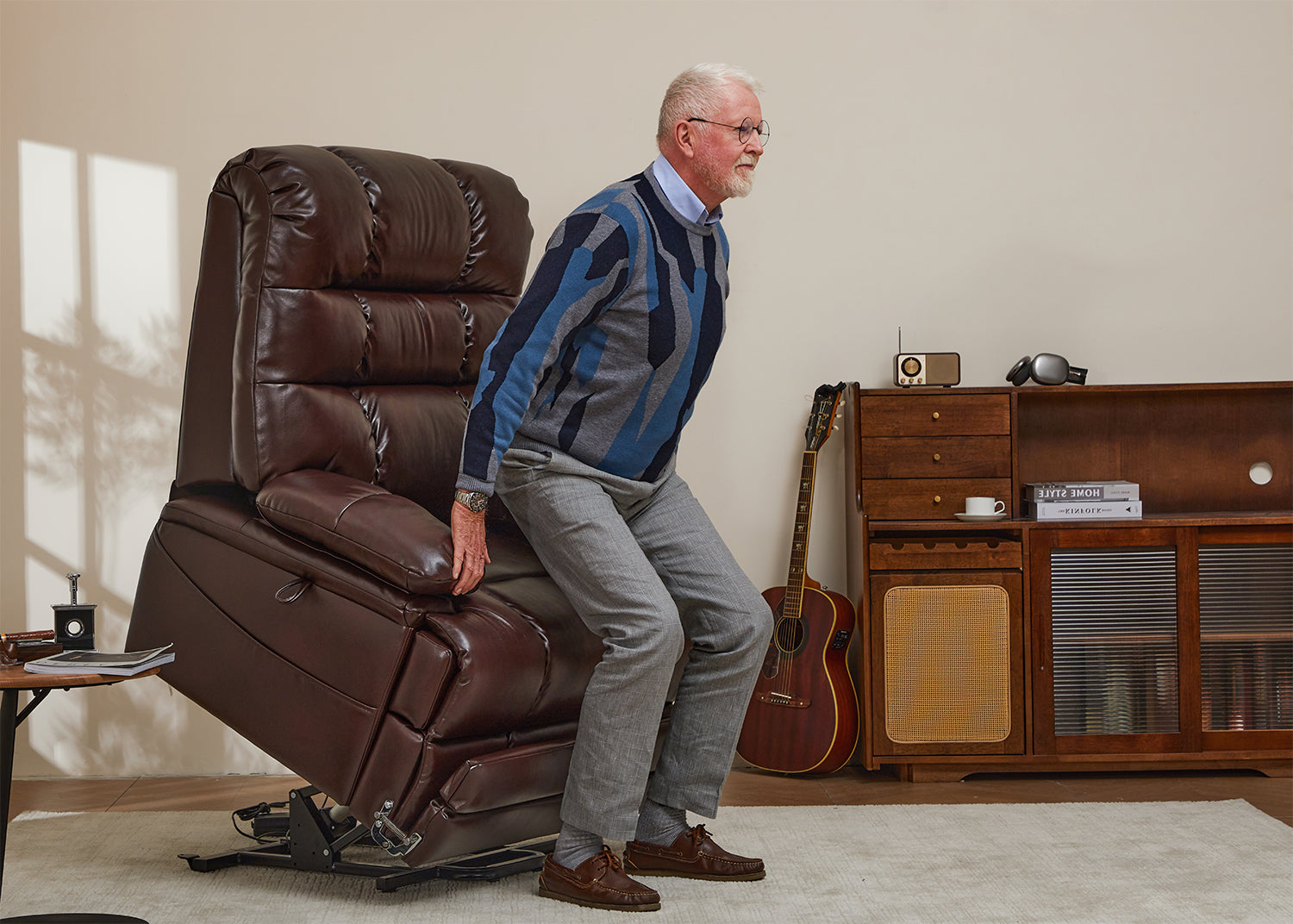 Rise smoothly, sit down safely. The power lift assist gently tilts the chair forward, providing effortless support to stand or sit—ideal for mobility challenges or post-surgery recovery.