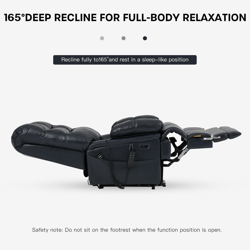 Irene House 9205 EWT500 dark blue top grain leather reclined to 165 degrees for full-body relaxation, built for big and tall users up to 500 lbs