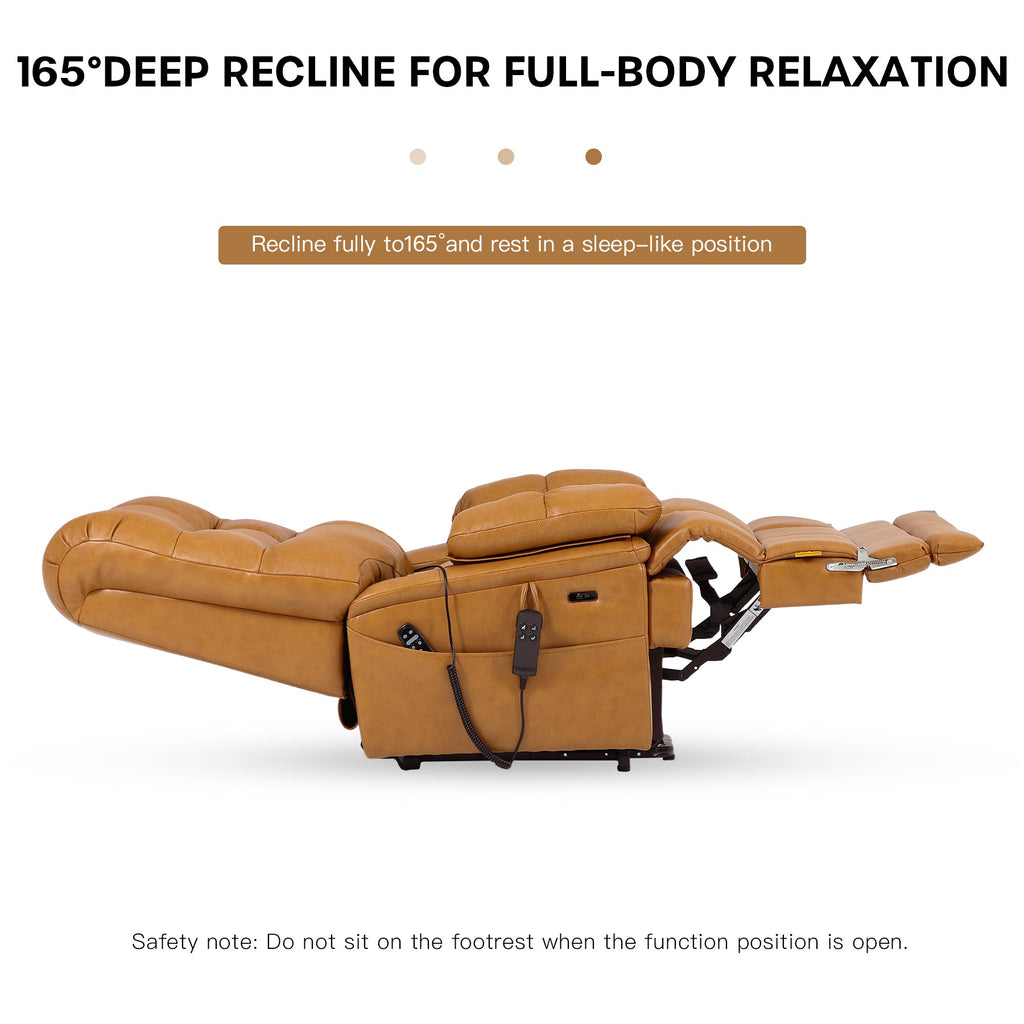Irene House 9205 EWT500 camel brown top grain leather reclined to 165 degrees for full-body relaxation, built for big and tall users up to 500 lbs