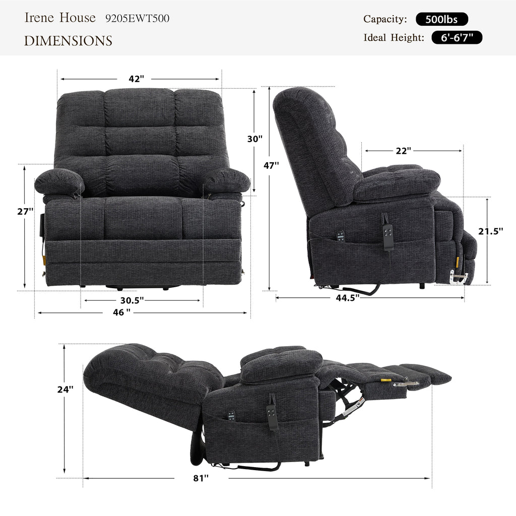Irene House 9205 EWT500 dimensions chart: 500 lb weight capacity, big and tall sizing, reclines from 105 to 165 degrees