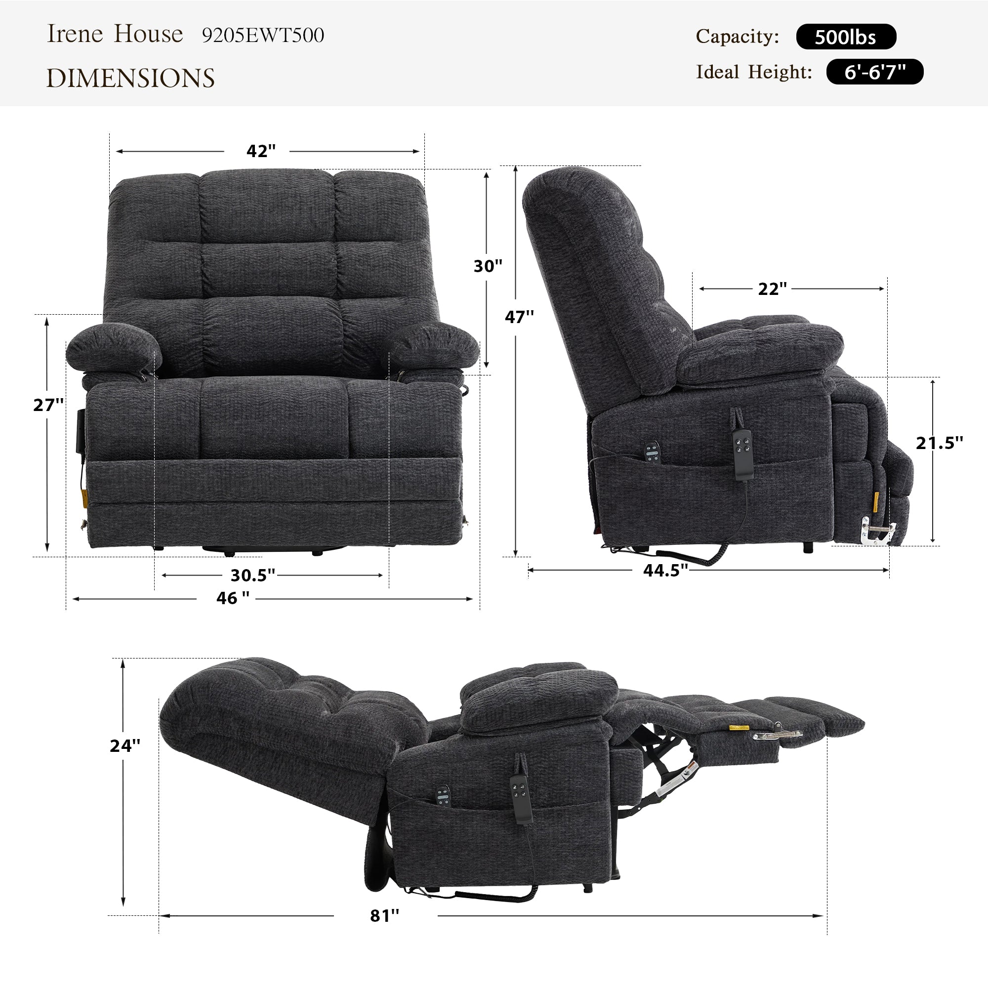Irene House 9205 EWT500 dimensions chart: 500 lb weight capacity, big and tall sizing, reclines from 105 to 165 degrees