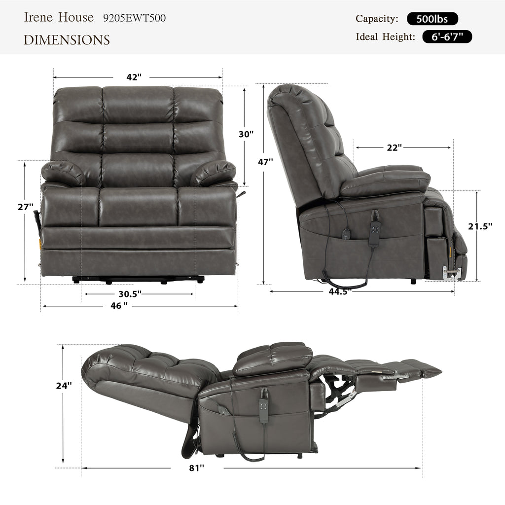 Irene House 9205 EWT500 dimensions chart: 500 lb weight capacity, big and tall sizing, reclines from 105 to 165 degrees