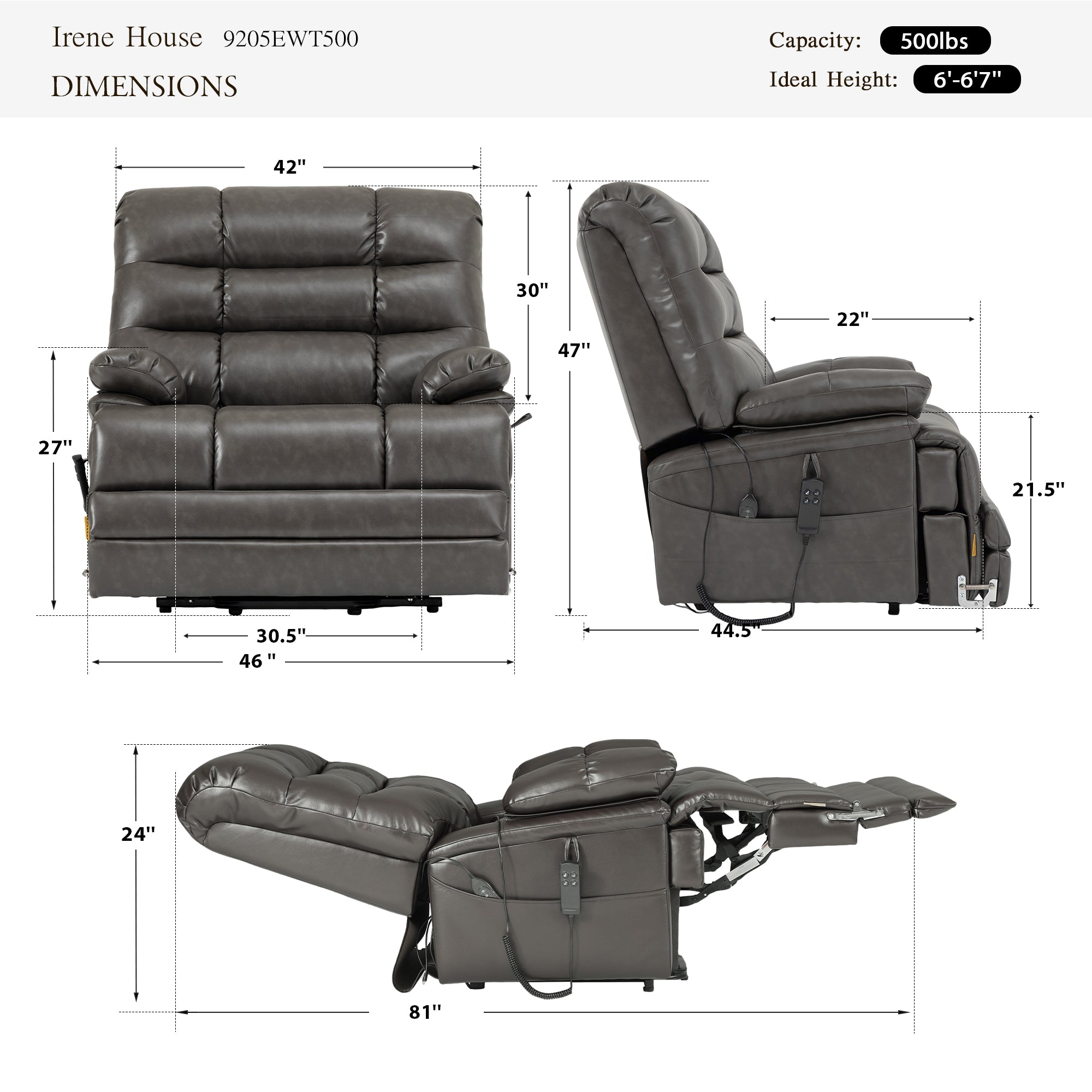 Irene House 9205 EWT500 dimensions chart: 500 lb weight capacity, big and tall sizing, reclines from 105 to 165 degrees