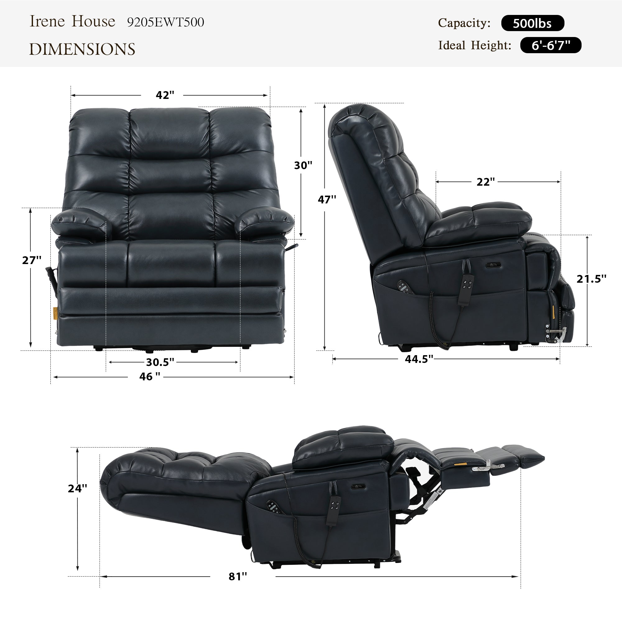 Irene House 9205 EWT500 dimensions chart: 500 lb weight capacity, big and tall sizing, reclines from 105 to 165 degrees