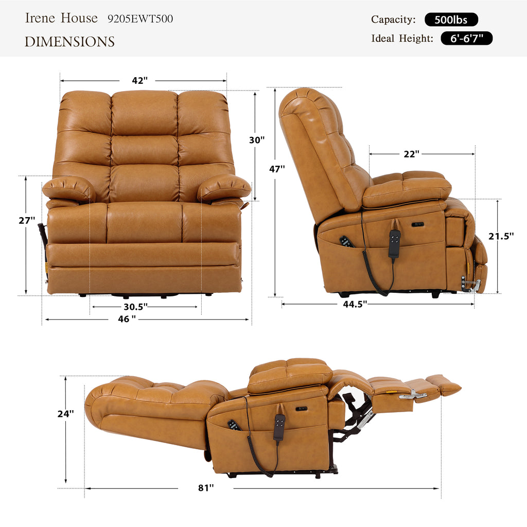 Irene House 9205 EWT500 dimensions chart: 500 lb weight capacity, big and tall sizing, reclines from 105 to 165 degrees