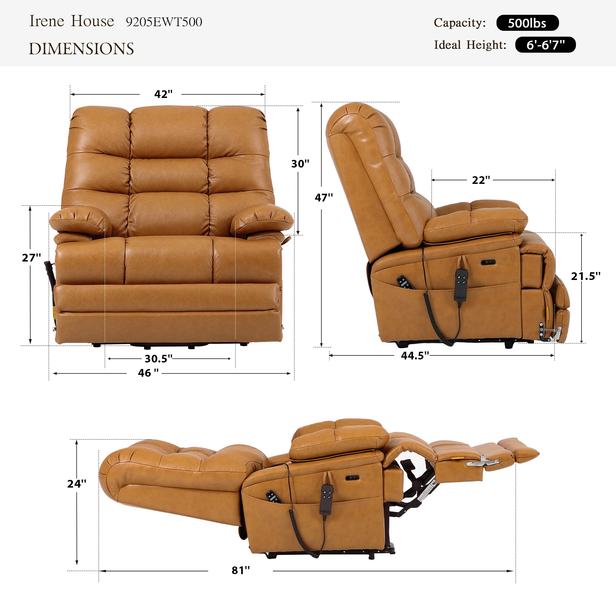 Irene House 9205 EWT500 dimensions chart: 500 lb weight capacity, big and tall sizing, reclines from 105 to 165 degrees
