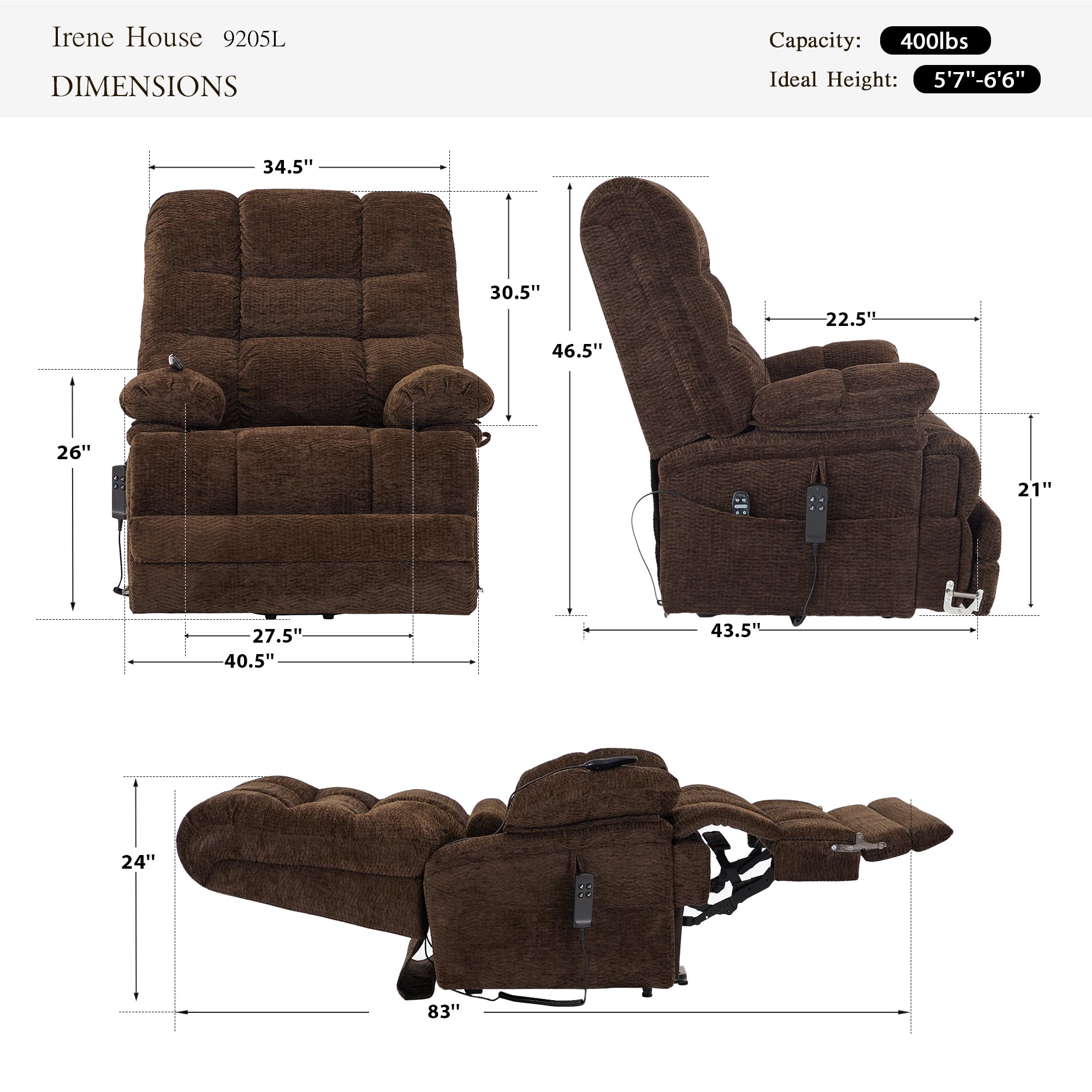 Irene House 9205L big and tall lift recliner dimensions in dark brown chenille — 400 lb capacity, for users 5'7" to 6'6", 40.5 inch overall width, 27.5 inch seat width, 83 inch reclined length, 105 to 180 degree recline