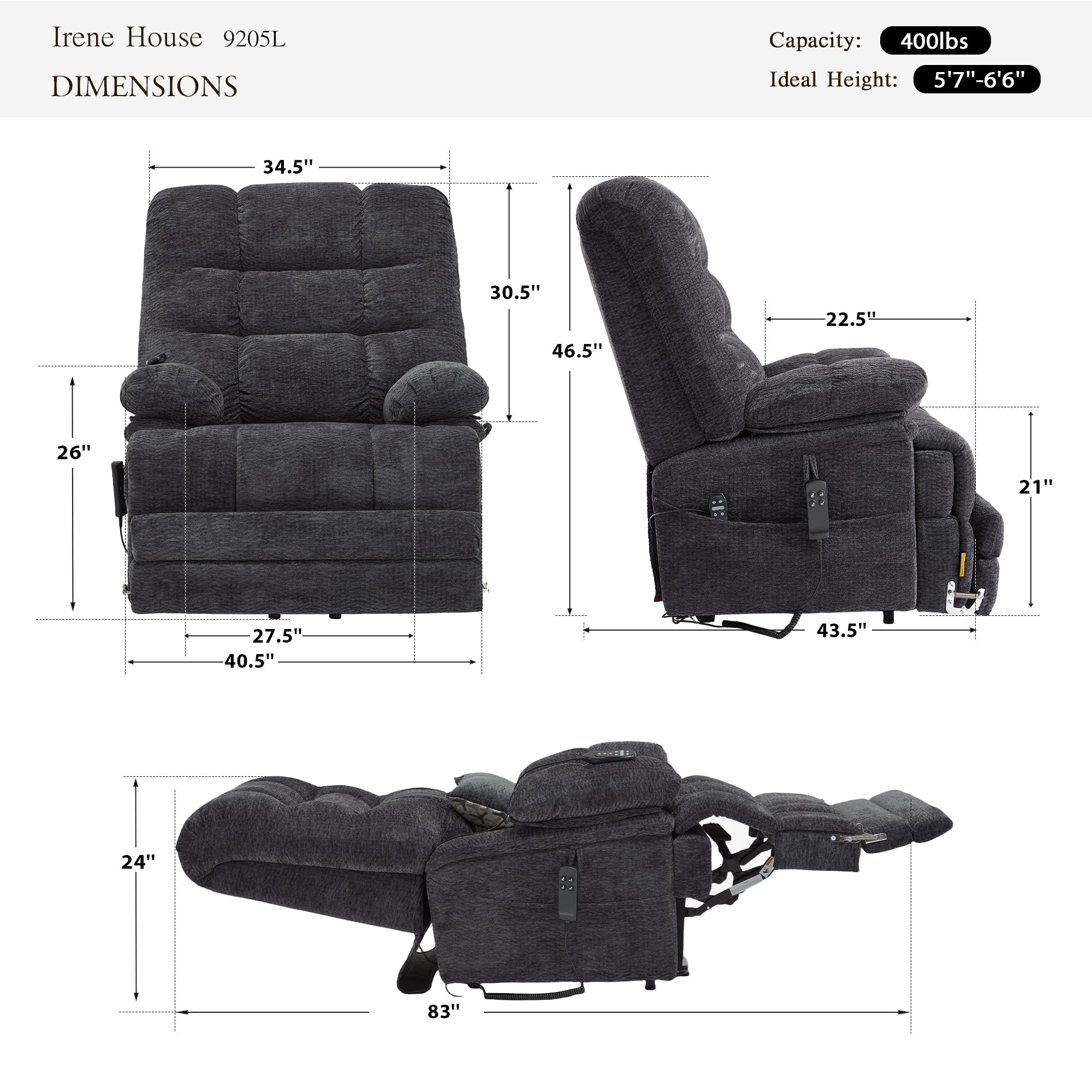 Irene House 9205L big and tall lift recliner dimensions in gray chenille — 400 lb capacity, for users 5'7" to 6'6", 40.5 inch overall width, 27.5 inch seat width, 83 inch reclined length, 105 to 180 degree recline