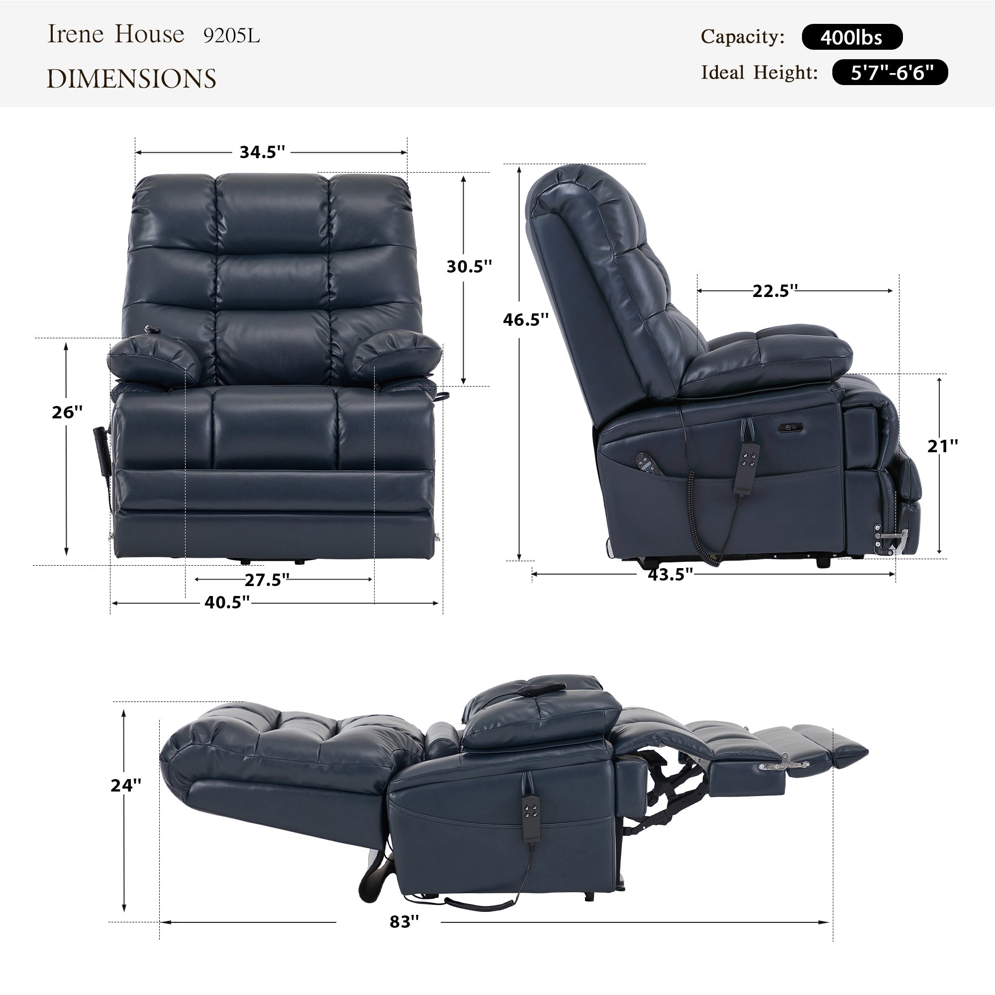 Irene House 9205L big and tall lift recliner dimensions in blue breathable leather — 400 lb capacity, for users 5'7" to 6'6", 40.5 inch overall width, 27.5 inch seat width, 83 inch reclined length, 105 to 180 degree recline