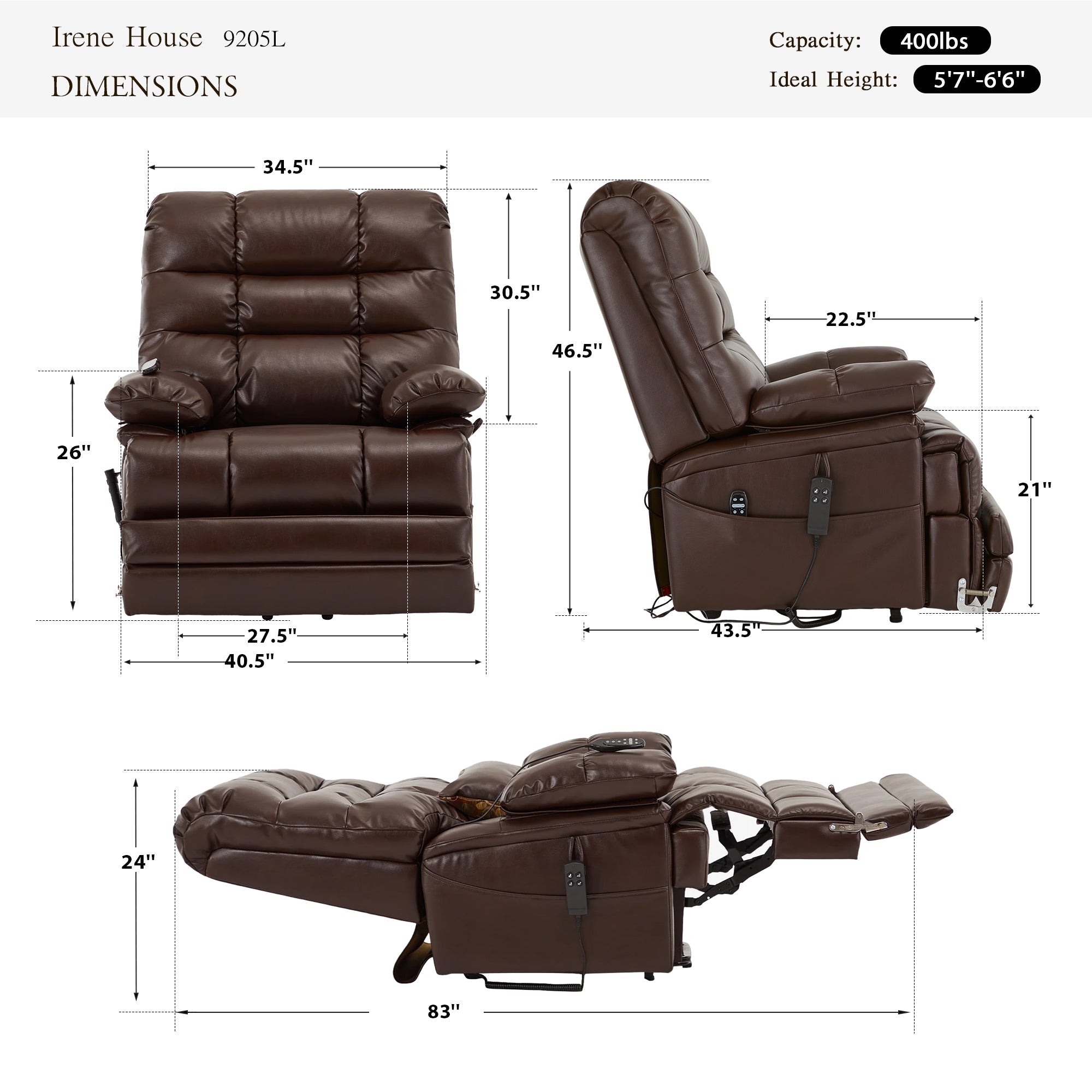 Irene House 9205L big and tall lift recliner dimensions in brown breathable leather — 400 lb capacity, for users 5'7" to 6'6", 40.5 inch overall width, 27.5 inch seat width, 83 inch reclined length, 105 to 180 degree recline