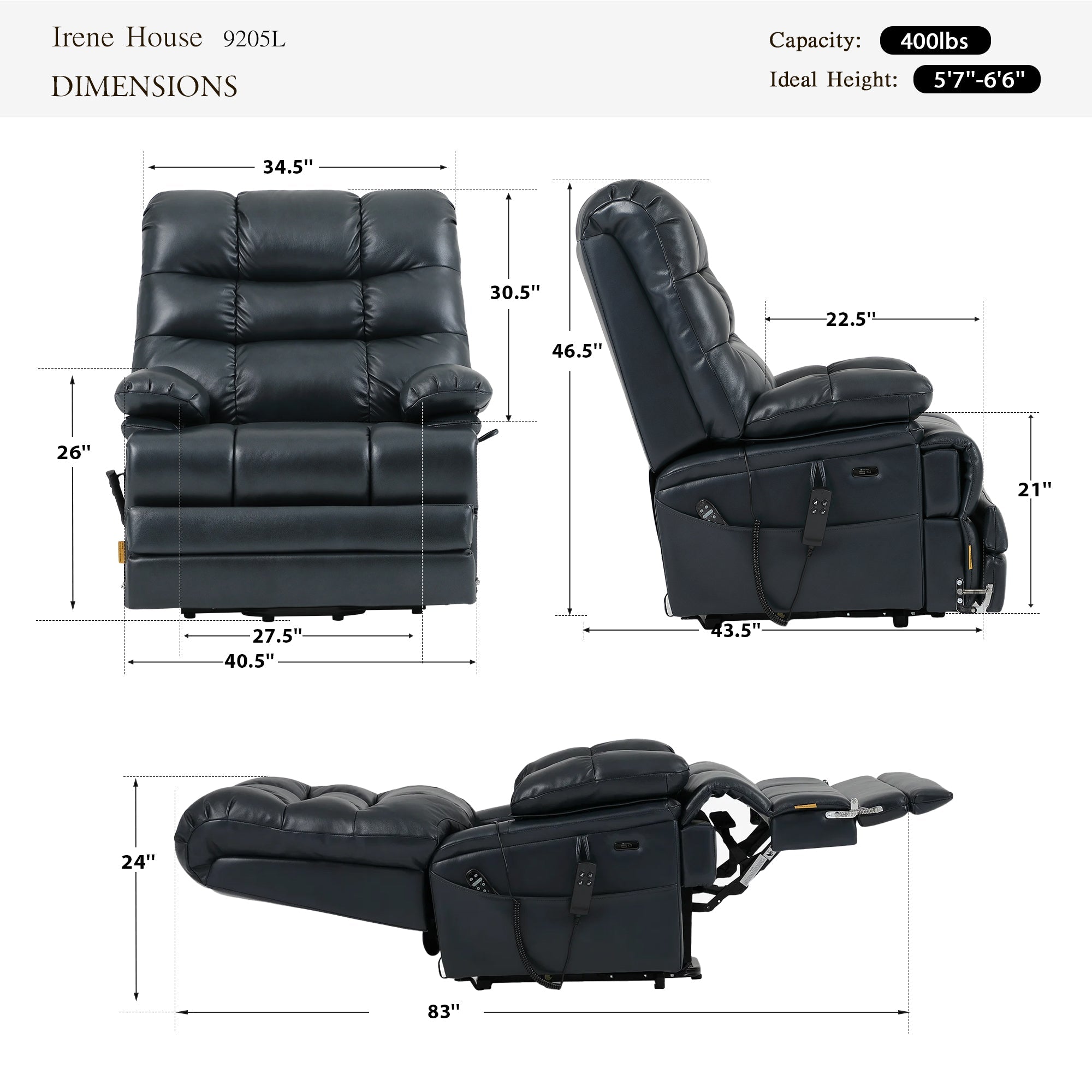 Irene House 9205L big and tall lift recliner dimensions in dark blue top grain leather — 400 lb capacity, for users 5'7" to 6'6", 40.5 inch overall width, 27.5 inch seat width, 83 inch reclined length, 105 to 180 degree recline