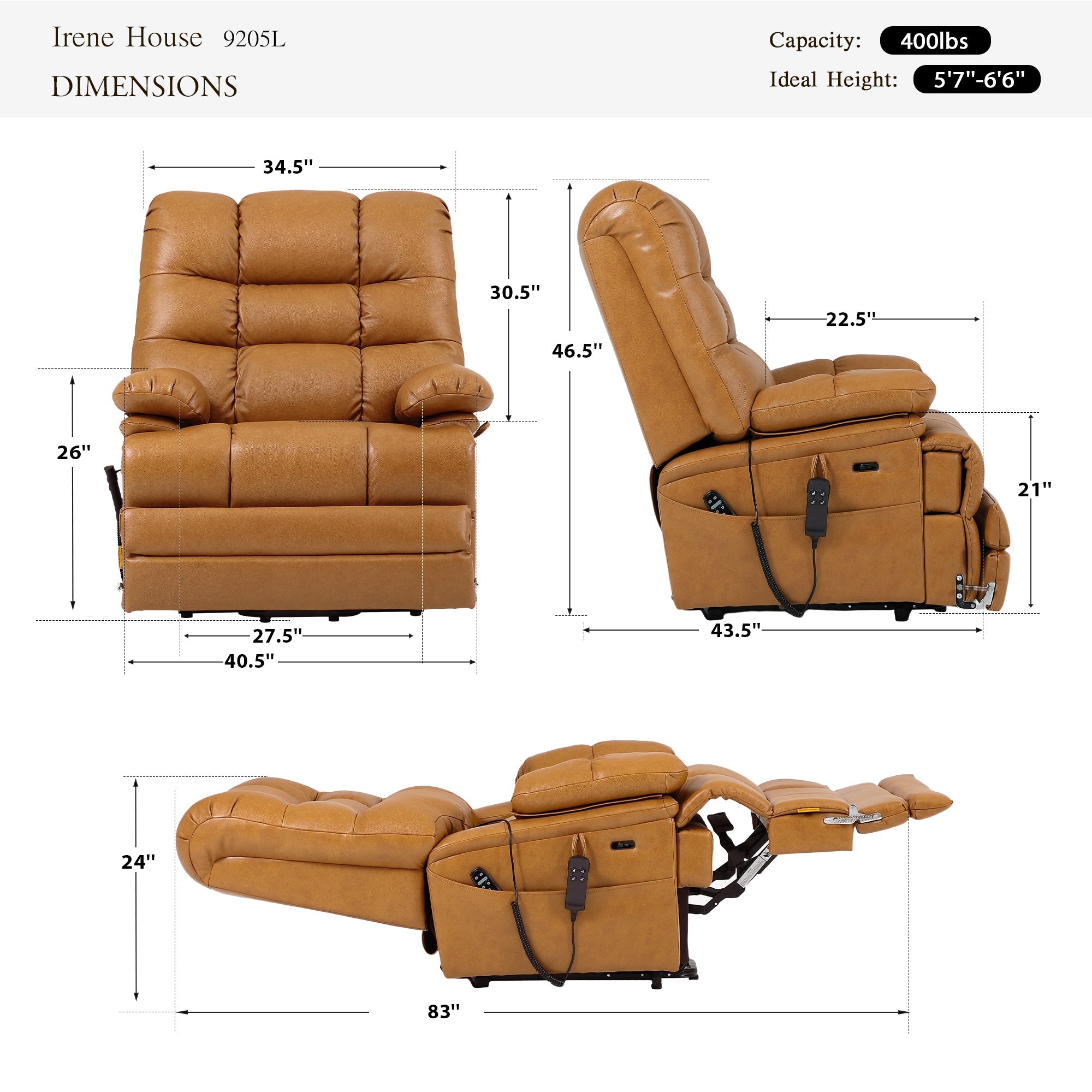 Irene House 9205L big and tall lift recliner dimensions in yellow brown top grain leather — 400 lb capacity, for users 5'7" to 6'6", 40.5 inch overall width, 27.5 inch seat width, 83 inch reclined length, 105 to 180 degree recline
