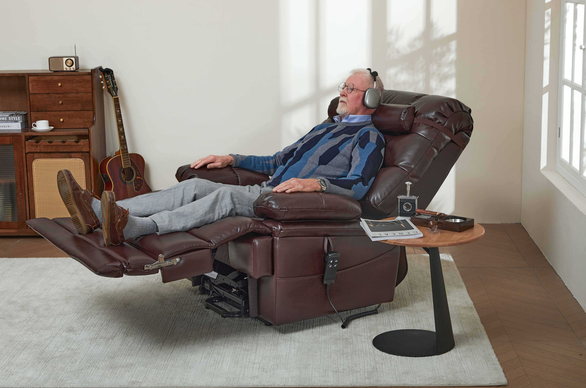 Person lying fully flat in the Irene House 9205L big and tall lift recliner in brown leather, legs supported to the heel by the extended footrest