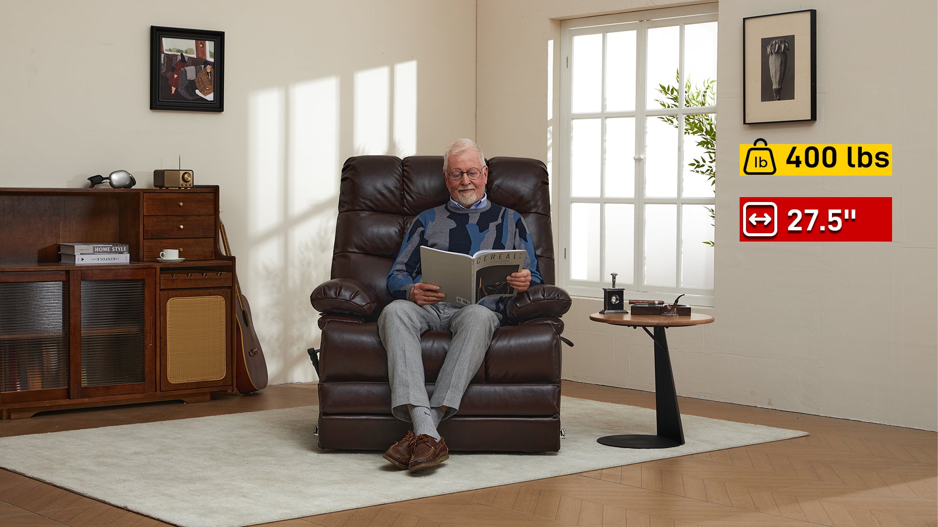 9205L Big & Tall Lift Recliner & Chair - 400 LBS Lay Flat Infinite Position(Large-Wide/Tall, Faux Leather Brown)