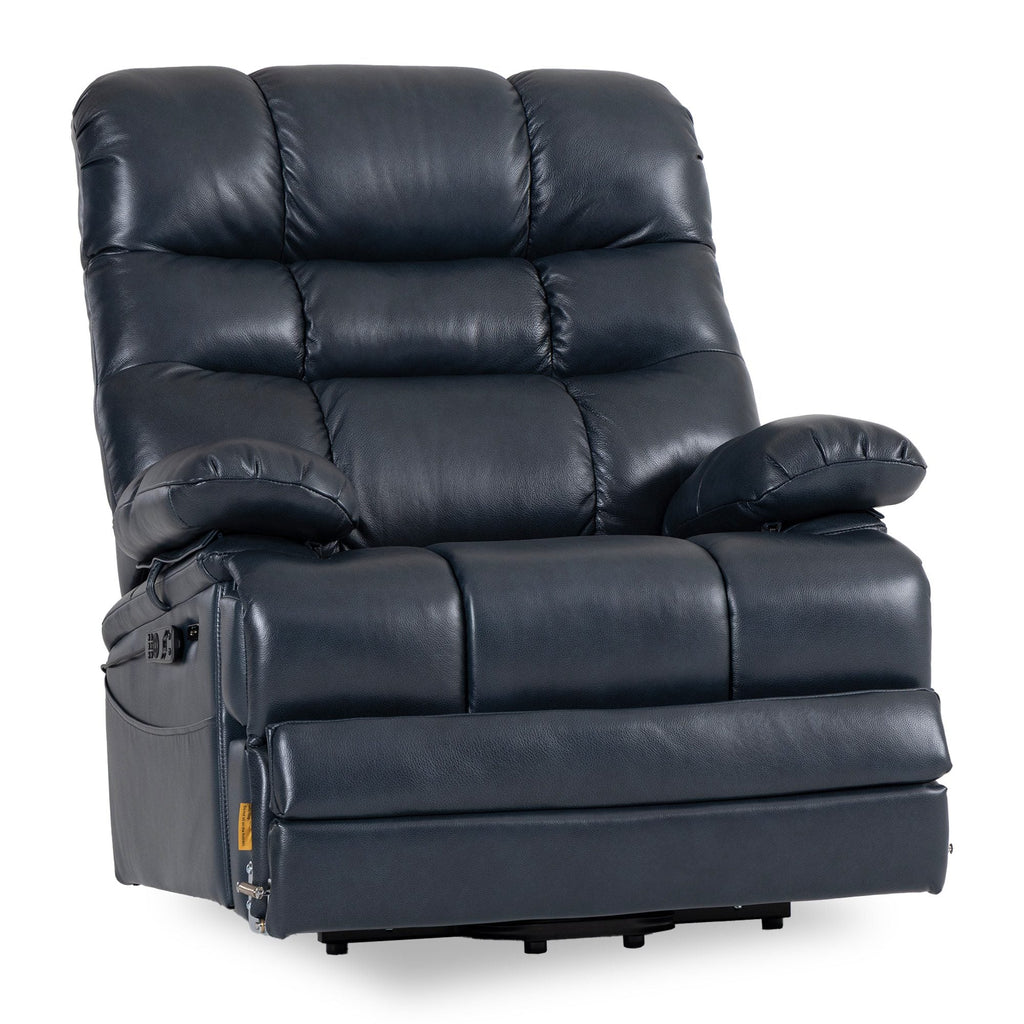 Irene House 9205L Pro big and tall power lift recliner in top grain dark blue leather, 45-degree front view on white
