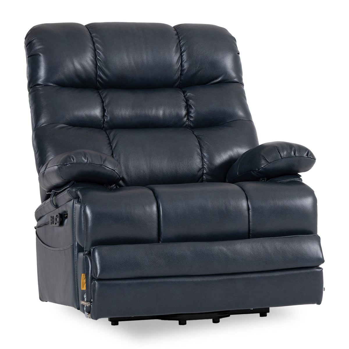 Irene House 9205L Pro big and tall power lift recliner in top grain dark blue leather, 45-degree front view on white