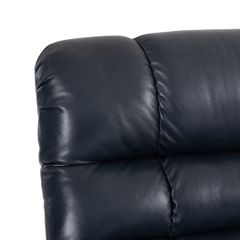 Close-up of the pillow-top arm on the Irene House 9205L Pro in top grain dark blue leather