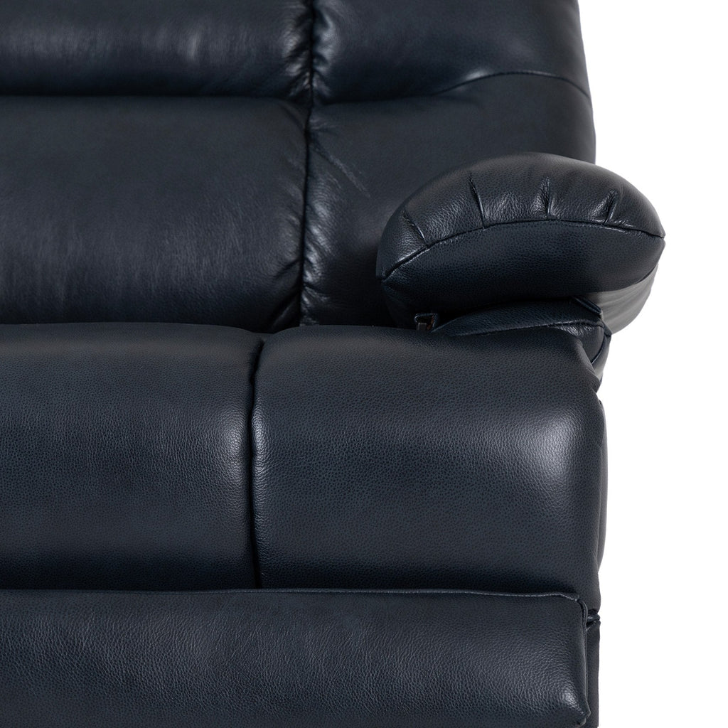 Close-up of the seat and arm stitching on the Irene House 9205L Pro in top grain dark blue leather