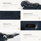Irene House 9205L Pro features in top grain dark blue — adjustable headrest, raised side pocket, USB-A and USB-C ports, extendable footrest