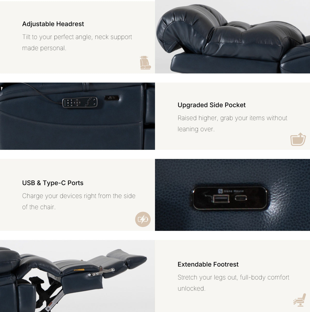 Irene House 9205L Pro features in top grain dark blue — adjustable headrest, raised side pocket, USB-A and USB-C ports, extendable footrest